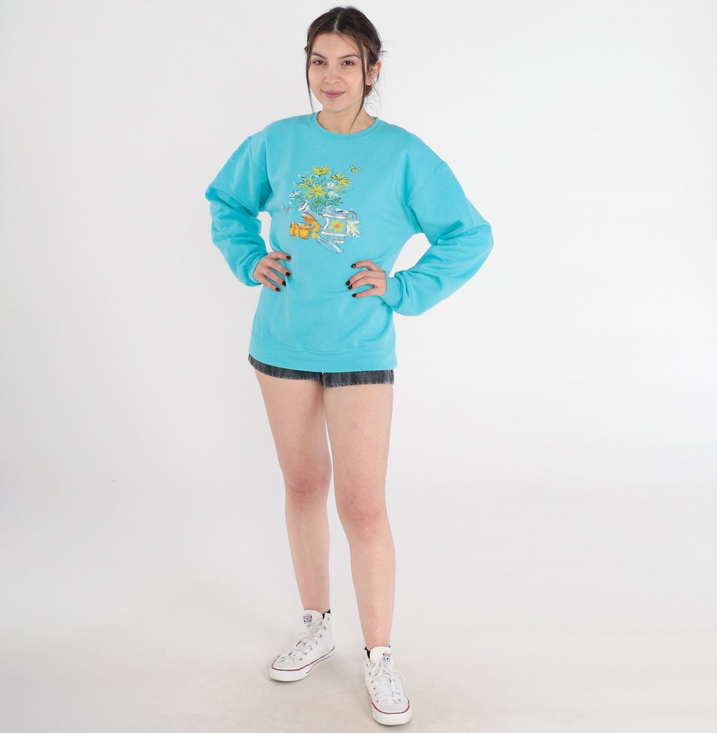 90s Blue Floral Garden Sweatshirt Butterfly Graphic Crewneck Medium M