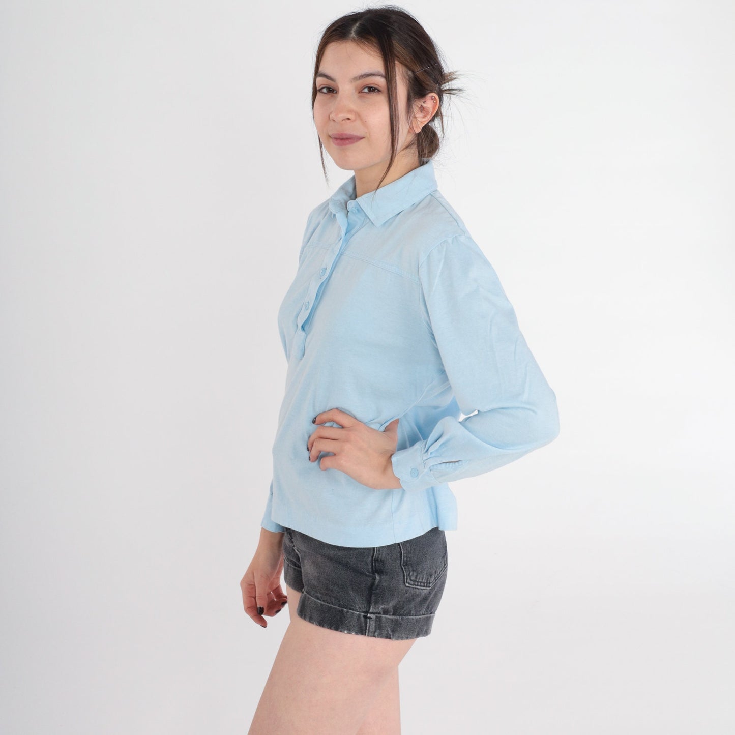 90s Baby Blue Long Sleeve Collared Shirt Cotton Blend Petite Medium