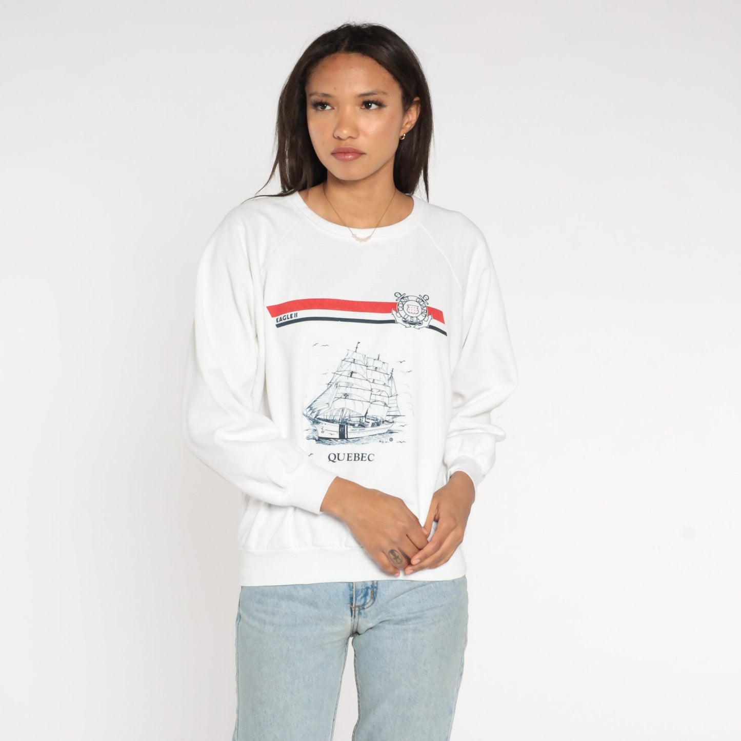 80s US Coast Guard Eagle II Sailboat Raglan Sweatshirt White Nautical Medium
