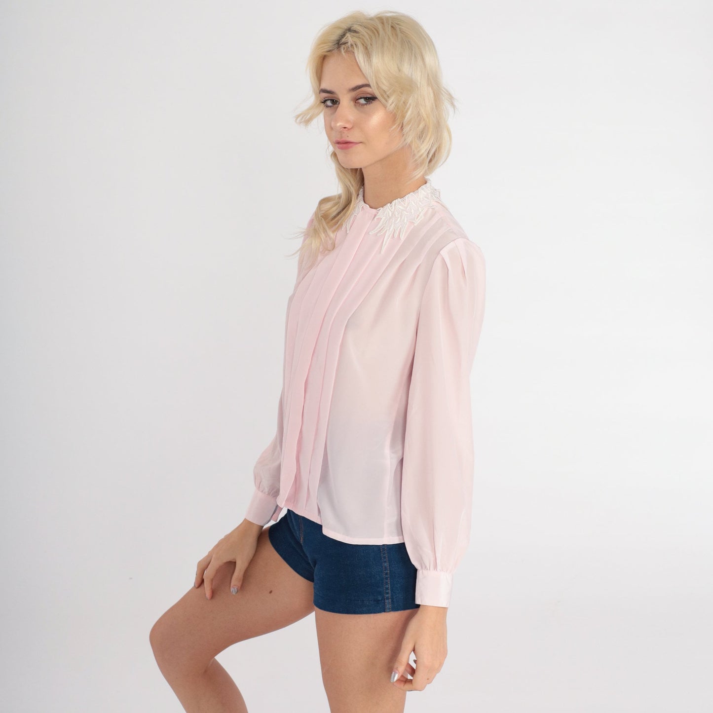 80s Pink Puff Sleeve Blouse Pleated Lace Collar Button-Up Small