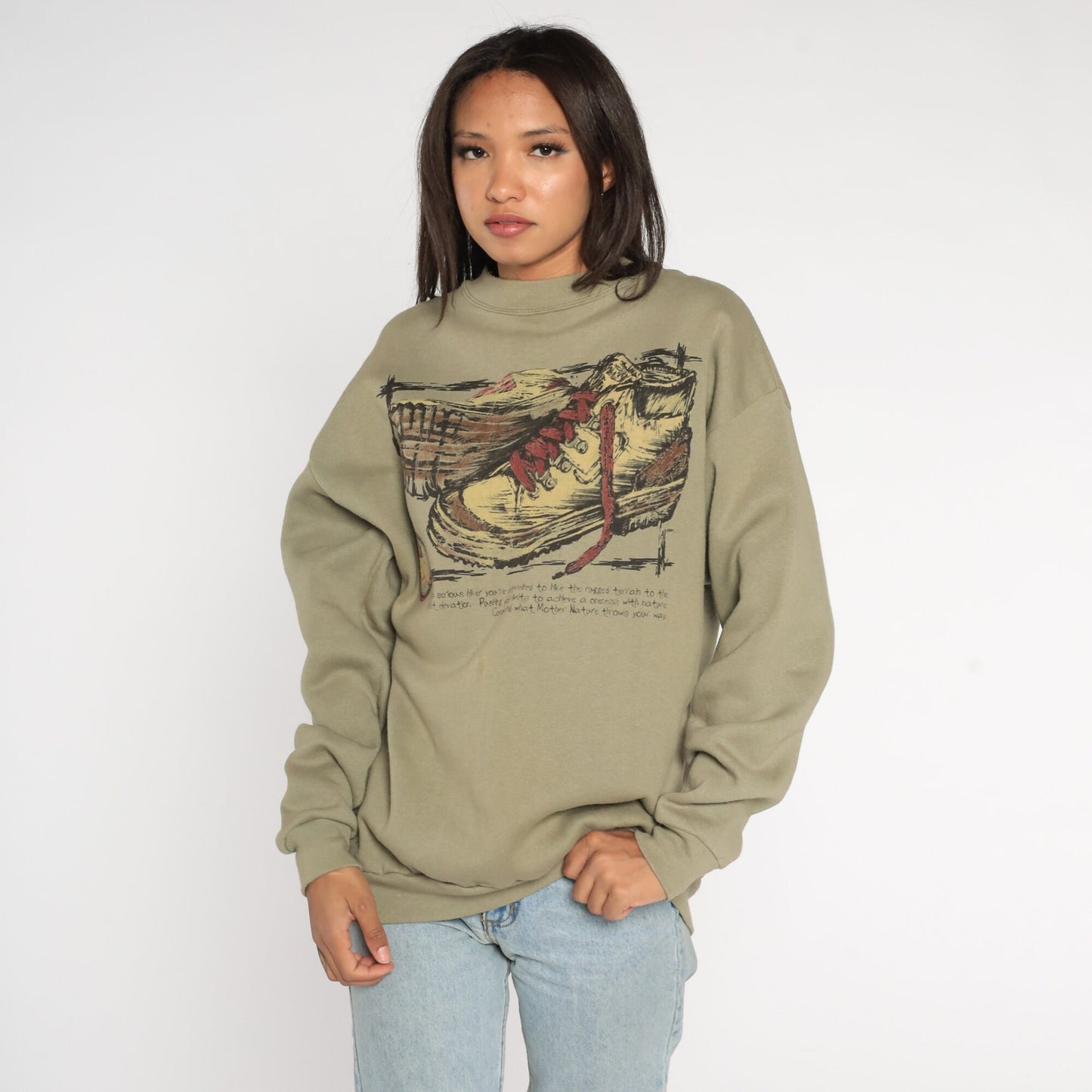 90s Hiking Boot Graphic Sweatshirt Taupe Drop Shoulder Crewneck Large L