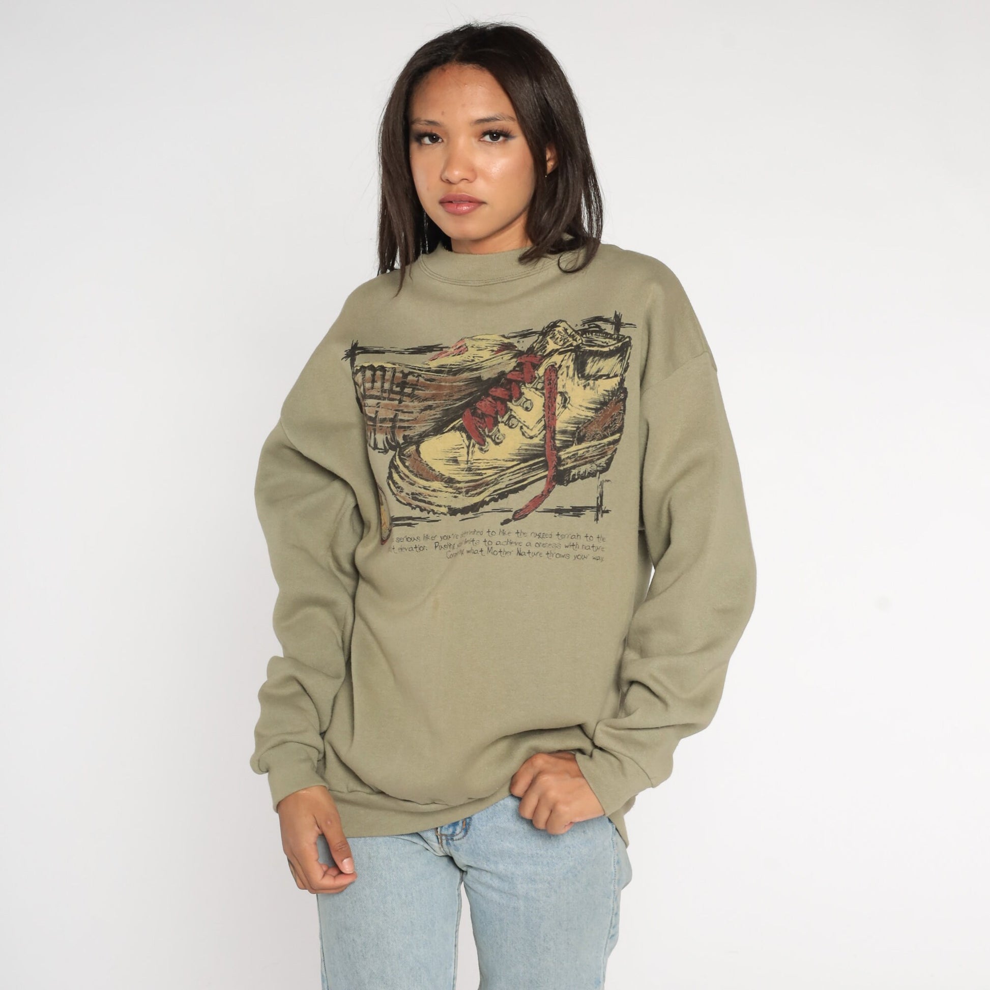 90s Hiking Boot Graphic Sweatshirt Taupe Drop Shoulder Crewneck Large L