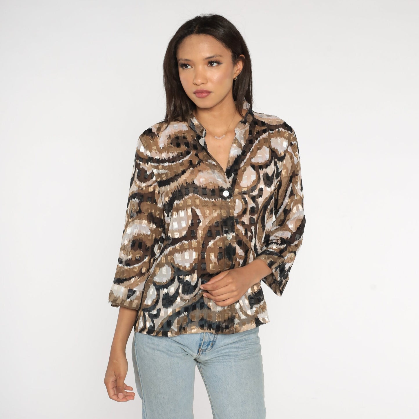 Y2K Ruby Road Blouse Metallic Swirl Print Black Brown White Button Up Medium