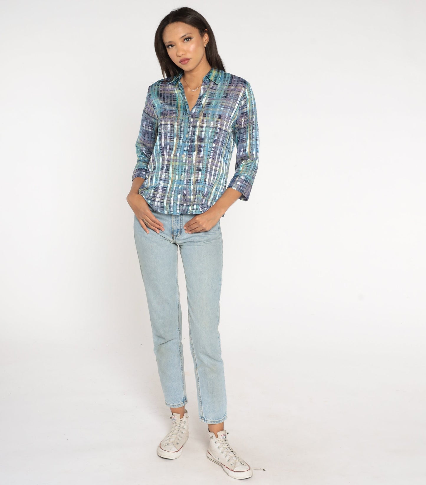 00s Metallic Striped Button-Up Blouse Purple Blue 3/4 Sleeve Medium