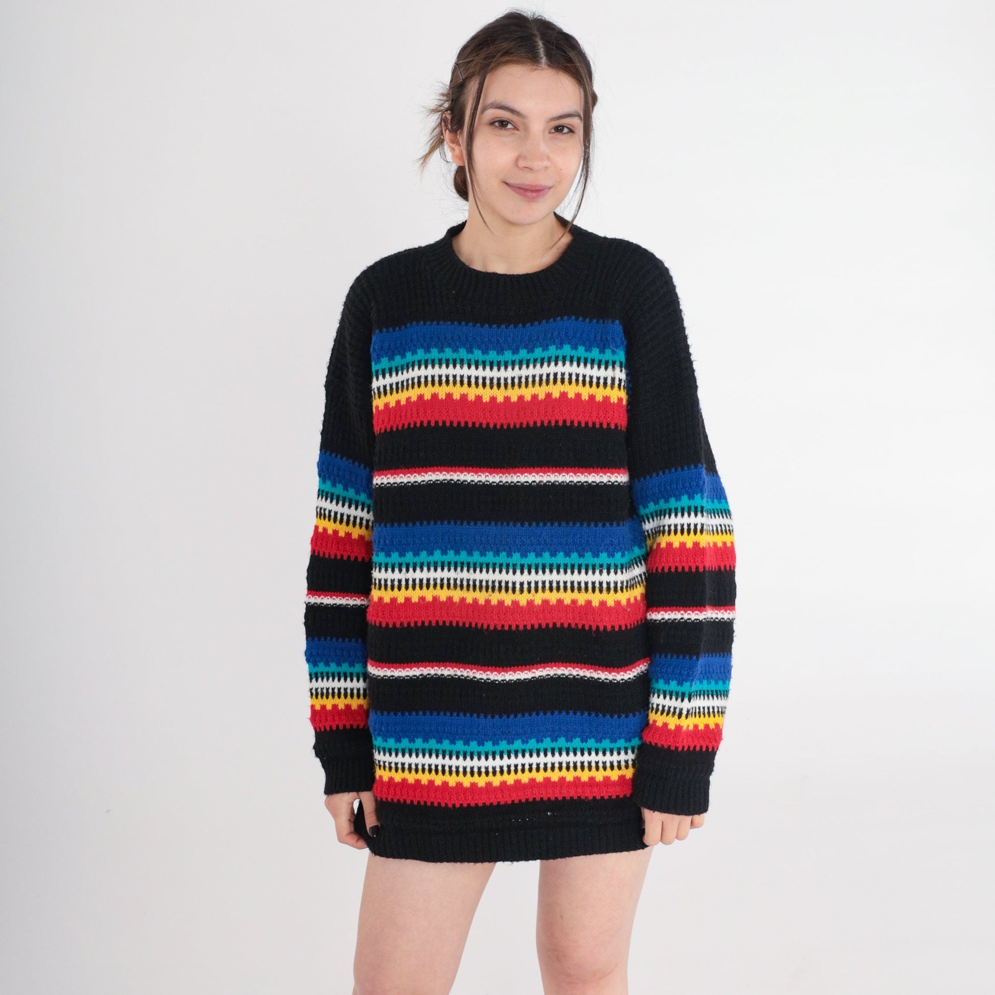 80s Cuddle Knit Striped Crewneck Sweater Black Multicolor Small S