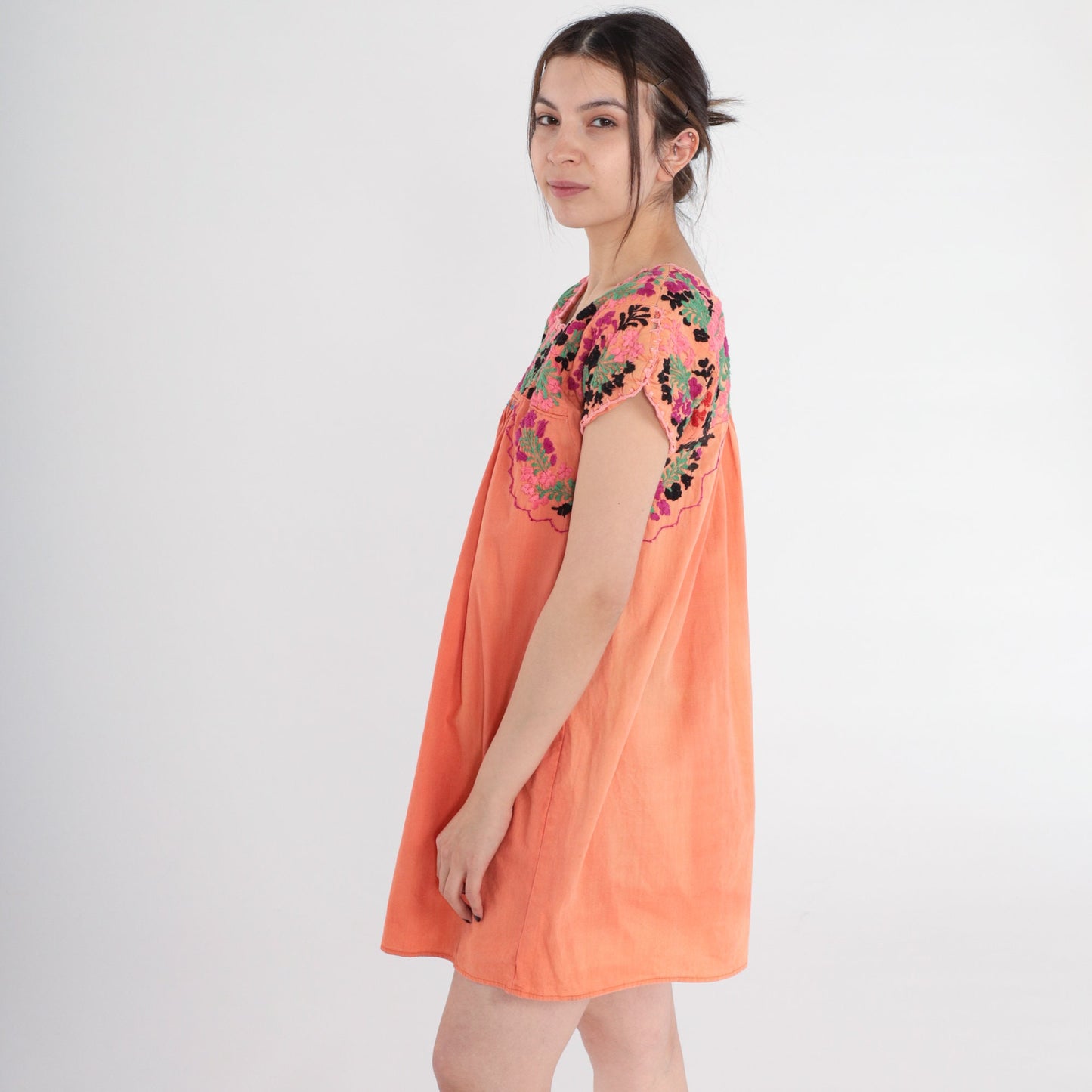 70s Oaxacan Floral Embroidered Mini Dress Orange Cotton Peasant Small
