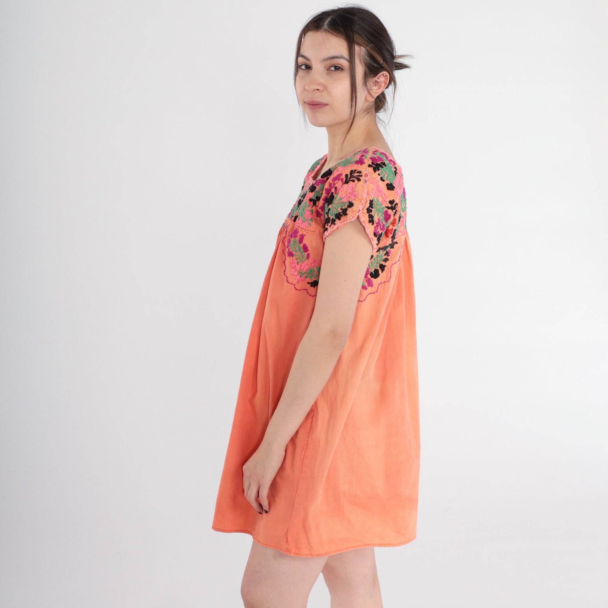 70s Oaxacan Floral Embroidered Mini Dress Orange Cotton Peasant Small