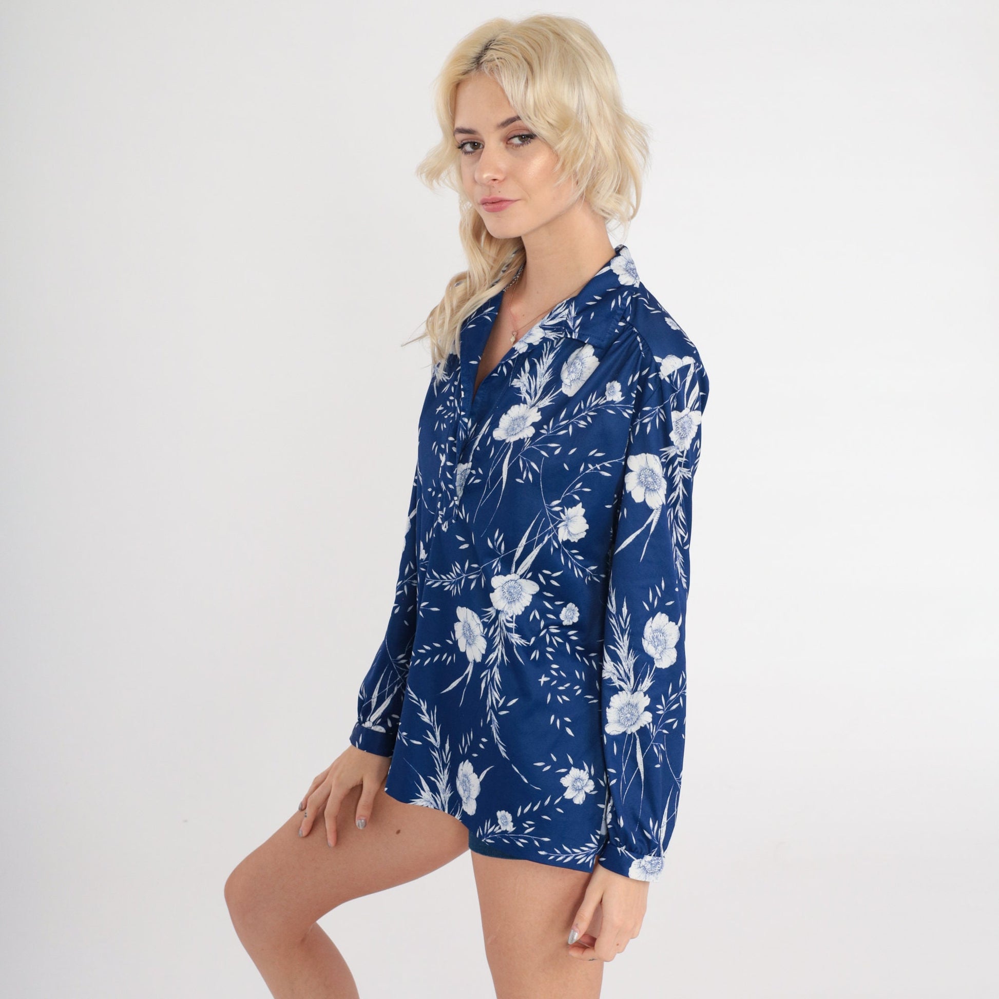70s Floral Blouse Blue V-Neck Long Sleeve Polo Shirt Medium