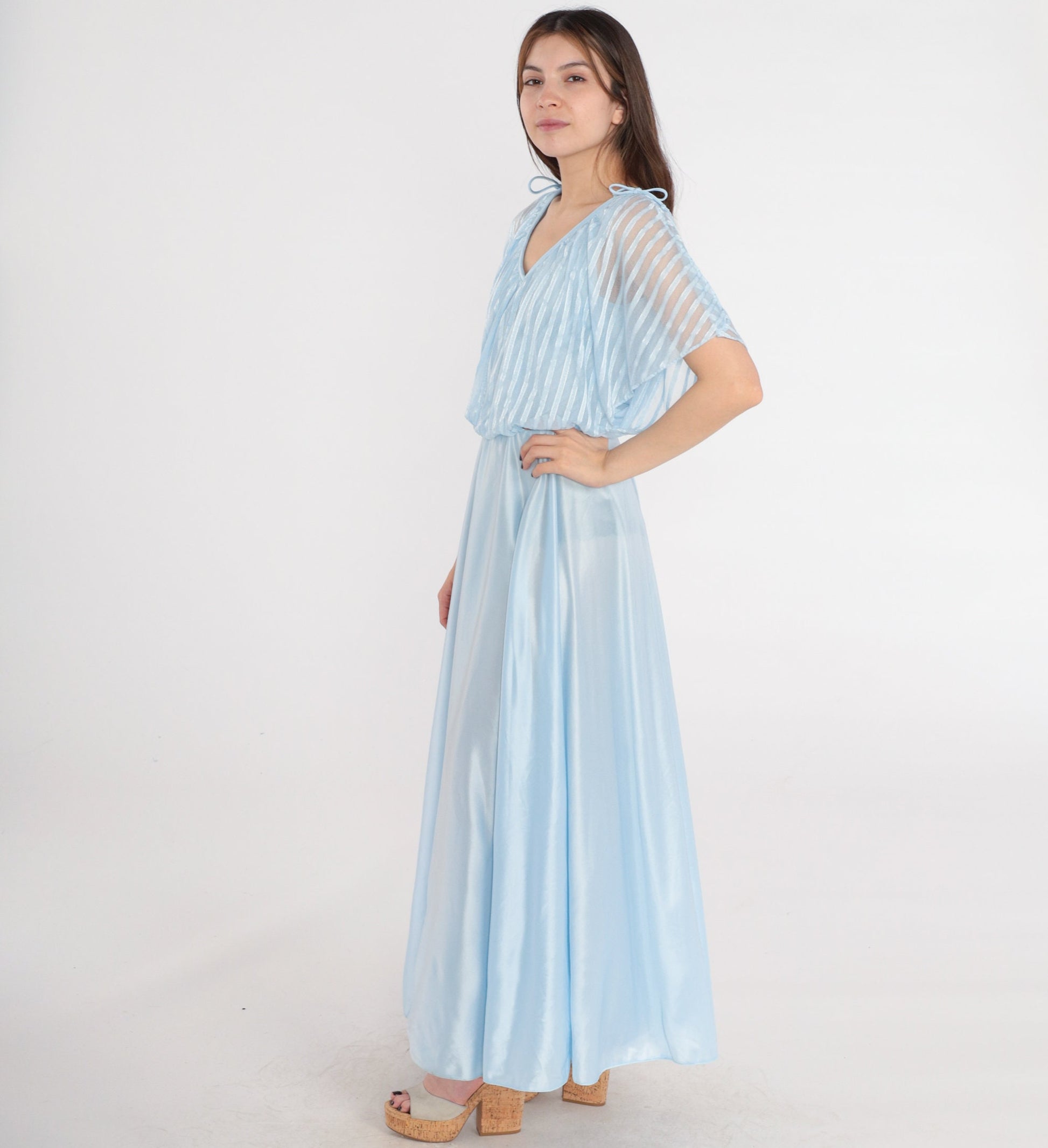70s Baby Blue Maxi Dress Grecian High Waisted Flutter Sleeve Small