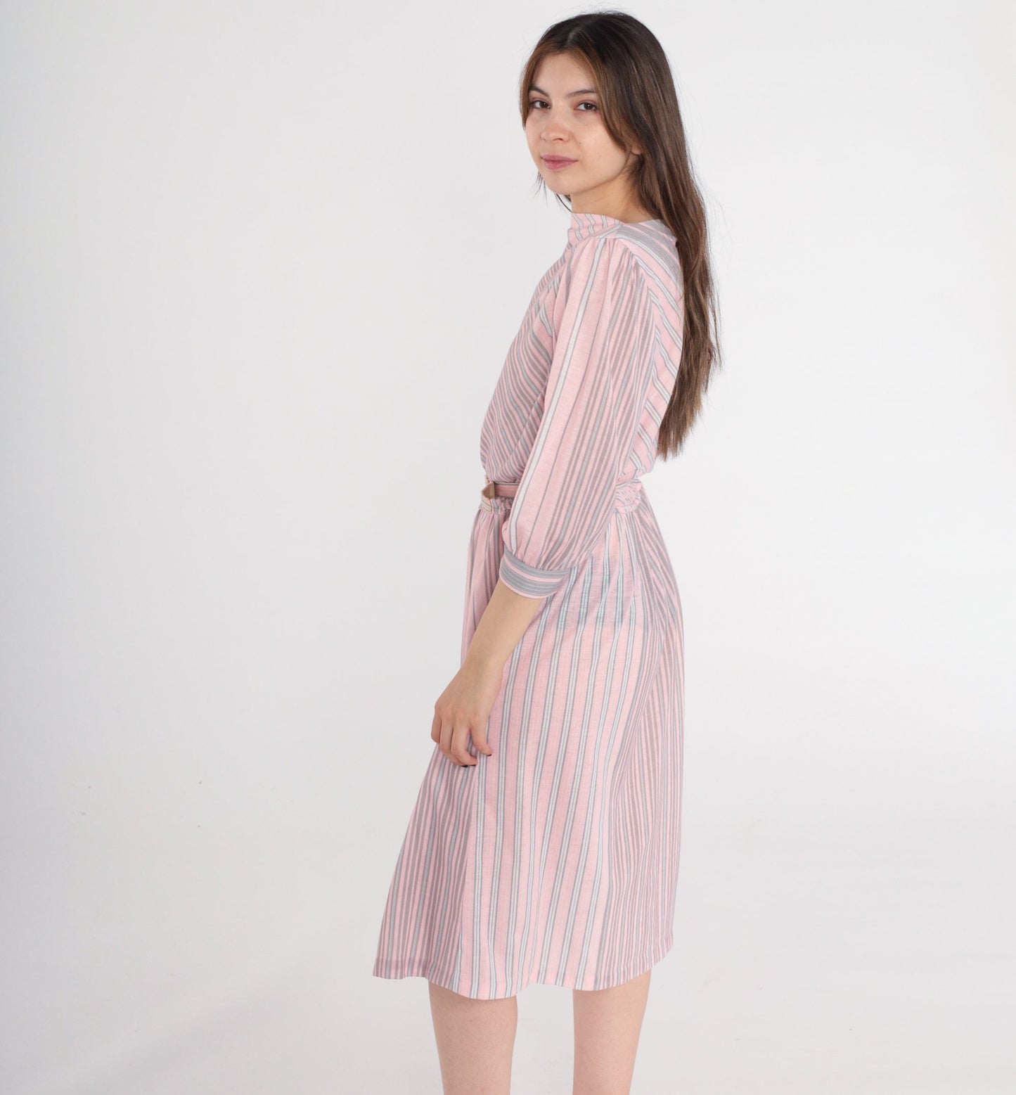 80s Pink Grey Striped Midi Dress Puff Sleeve Boatneck Belted Medium 8