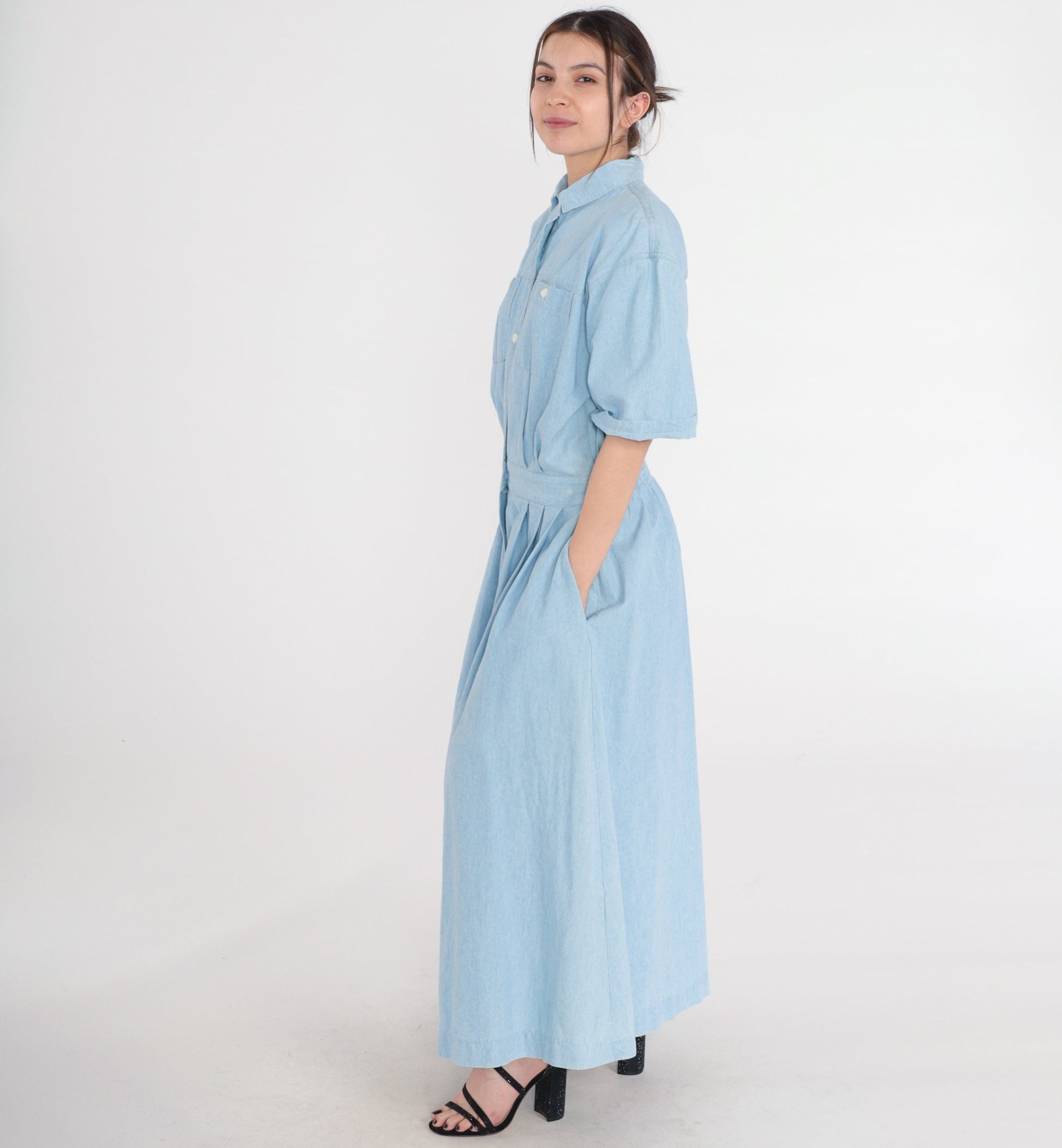 80s Norm Thompson Blue Denim Maxi Dress Button-Up Chest Pocket Extra Large