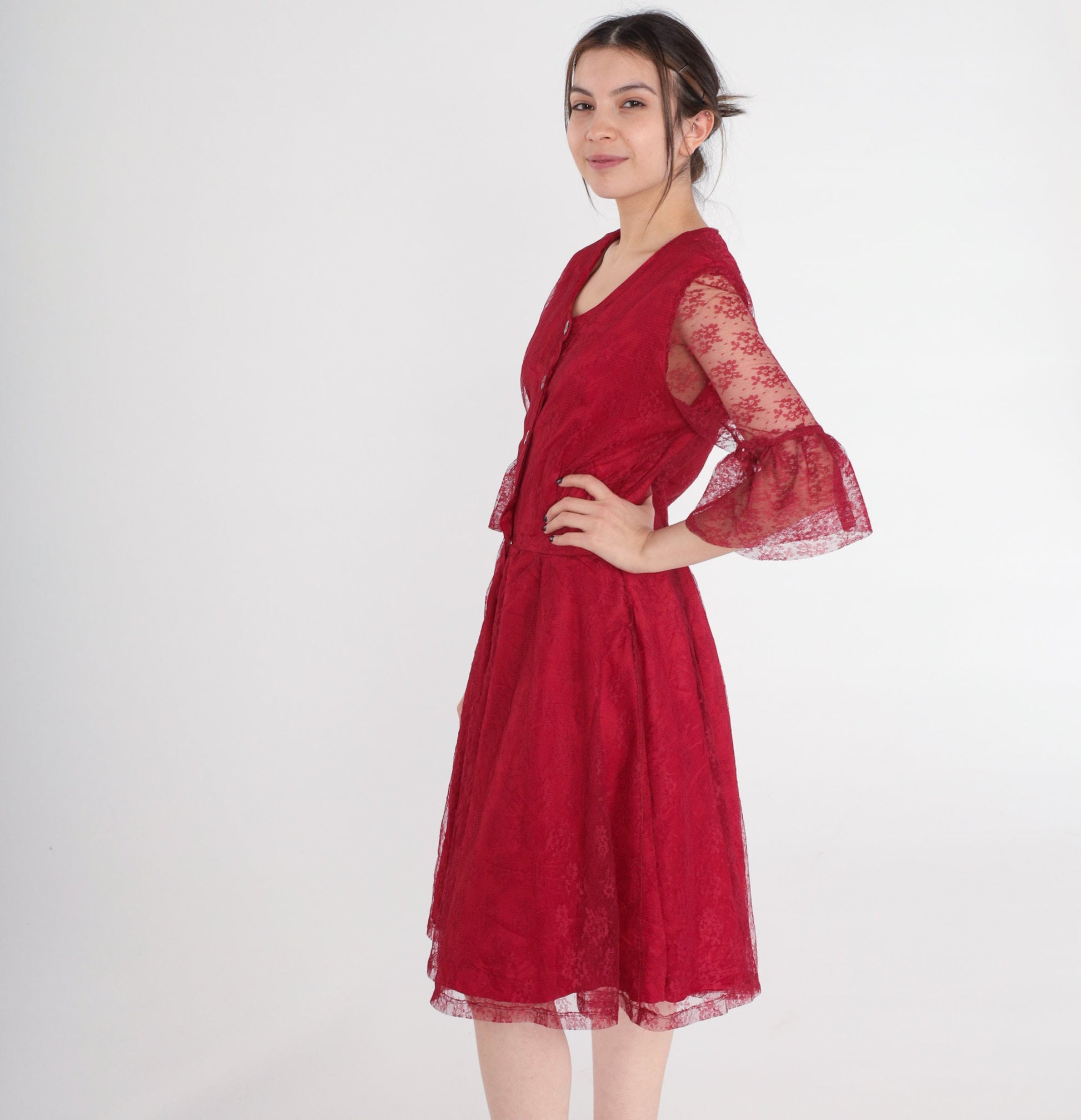 90s Red Lace Dress Button-Up Sheer Ruffle Sleeve Knee-Length Medium M