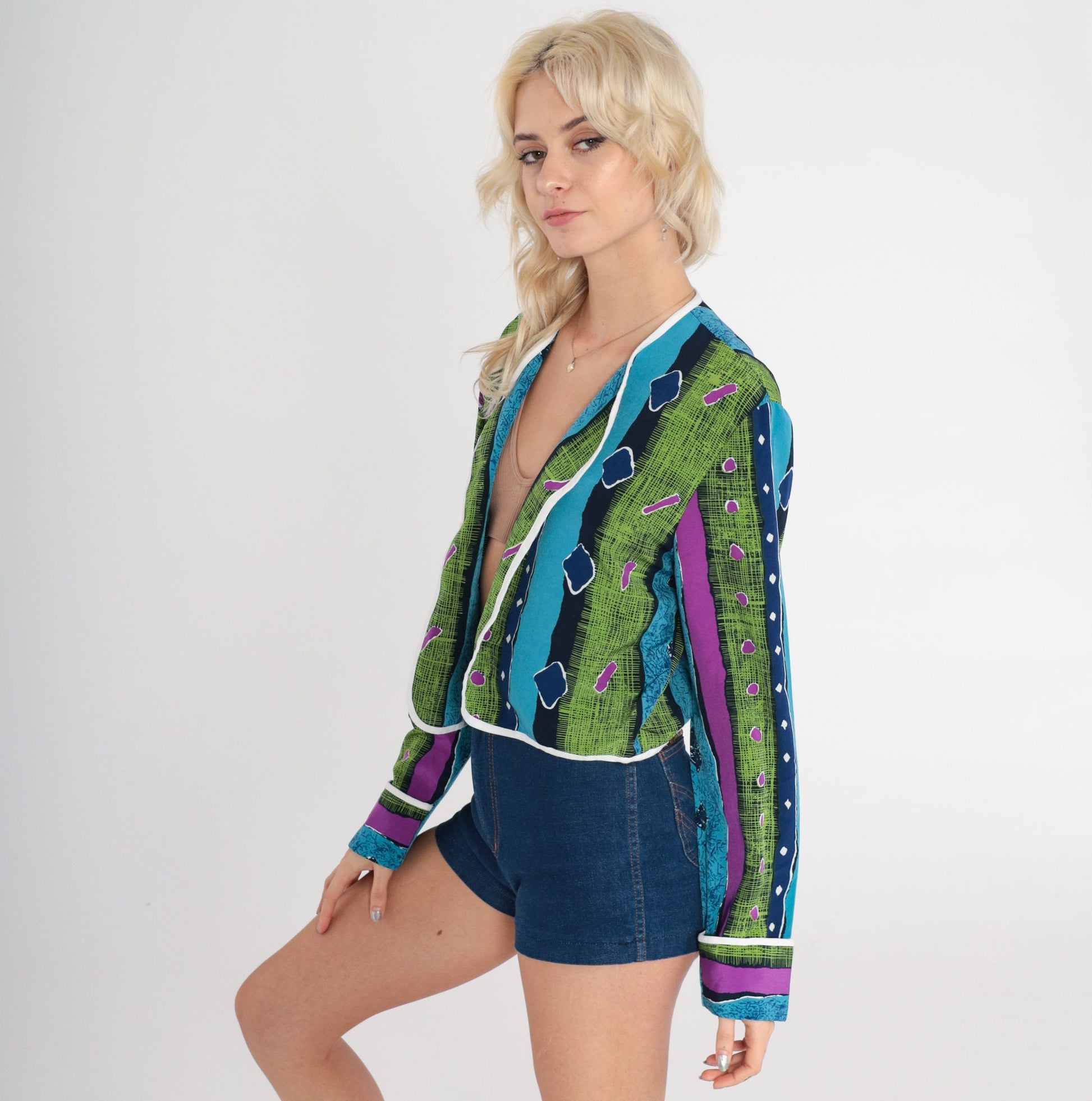 90s Geometric Striped Open Front Blazer Cropped Jacket Blue Green Purple Medium