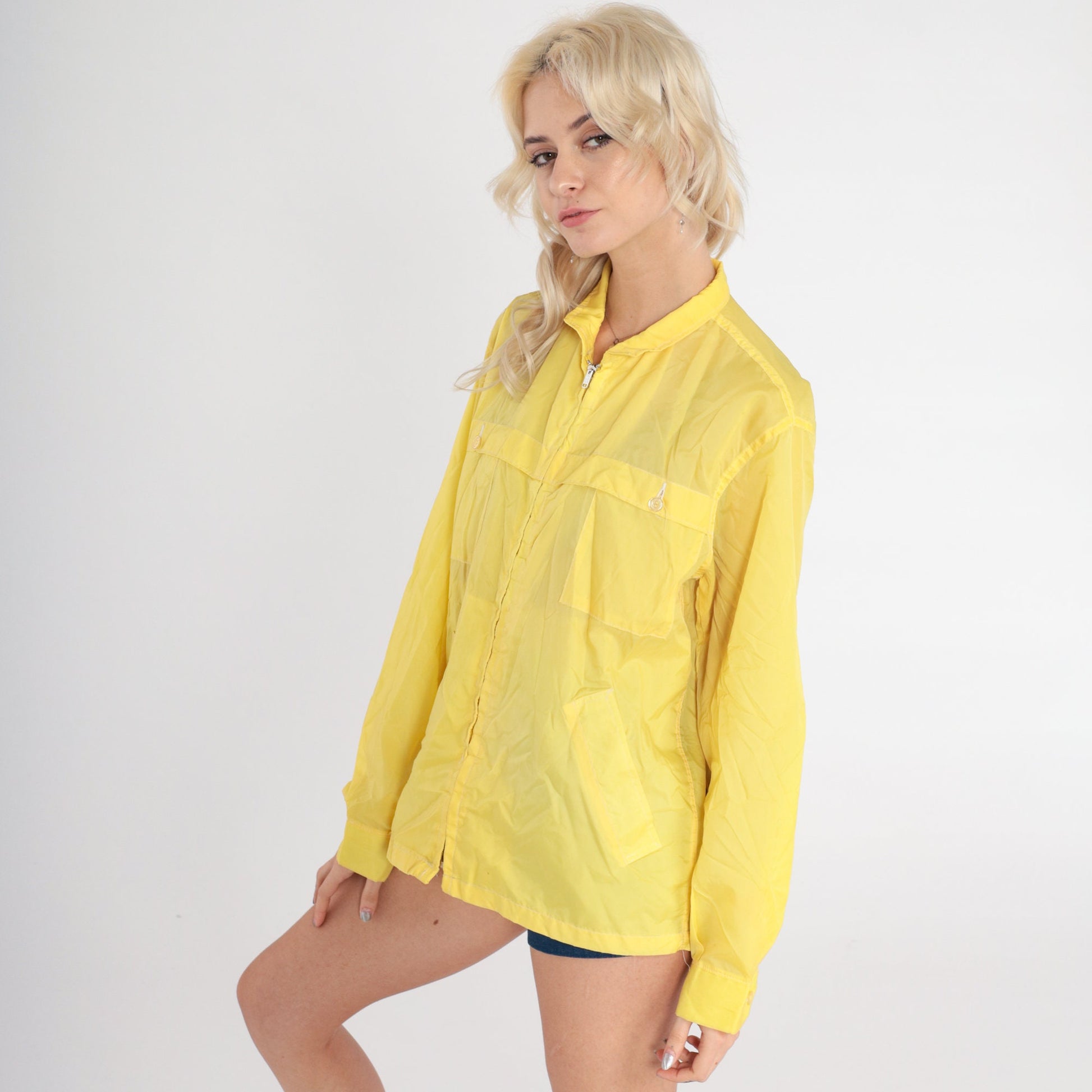 70s Yellow Nylon Windbreaker Jacket Semi-Sheer Shell Zip Front Medium