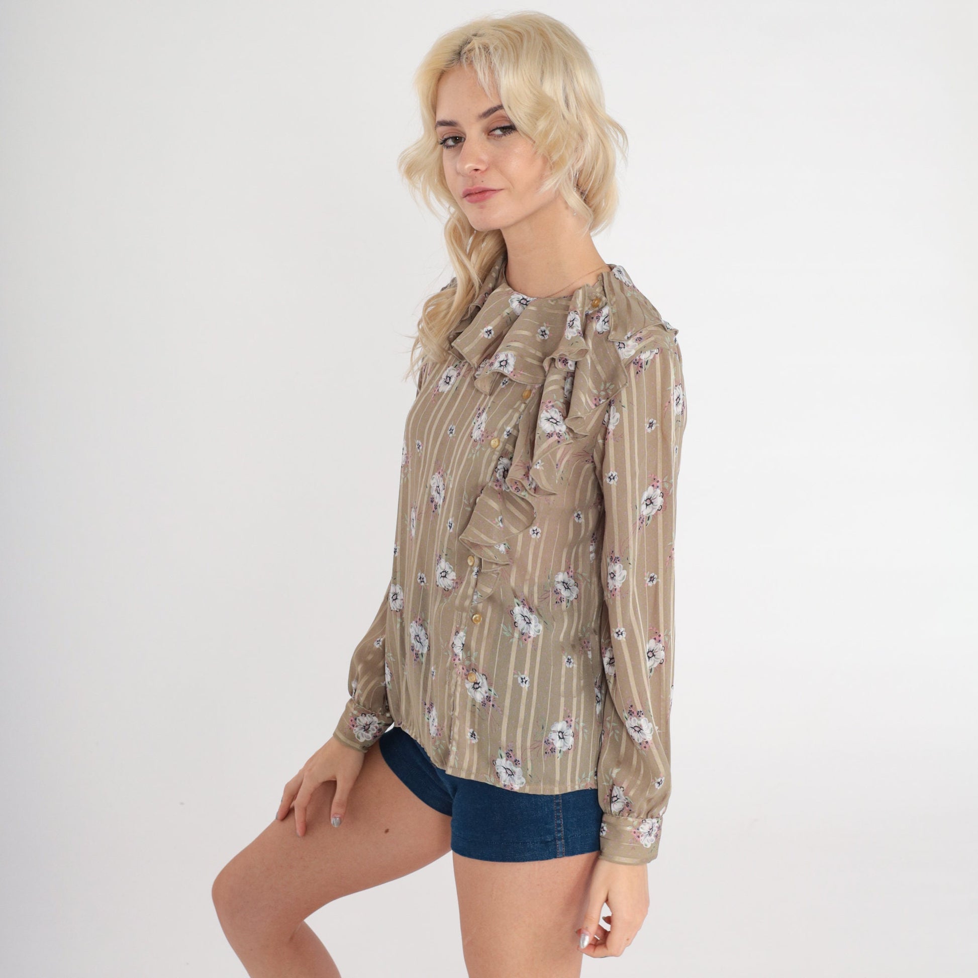 80s Anna Krist Floral Striped Blouse Taupe Ruffle Button-Up Medium
