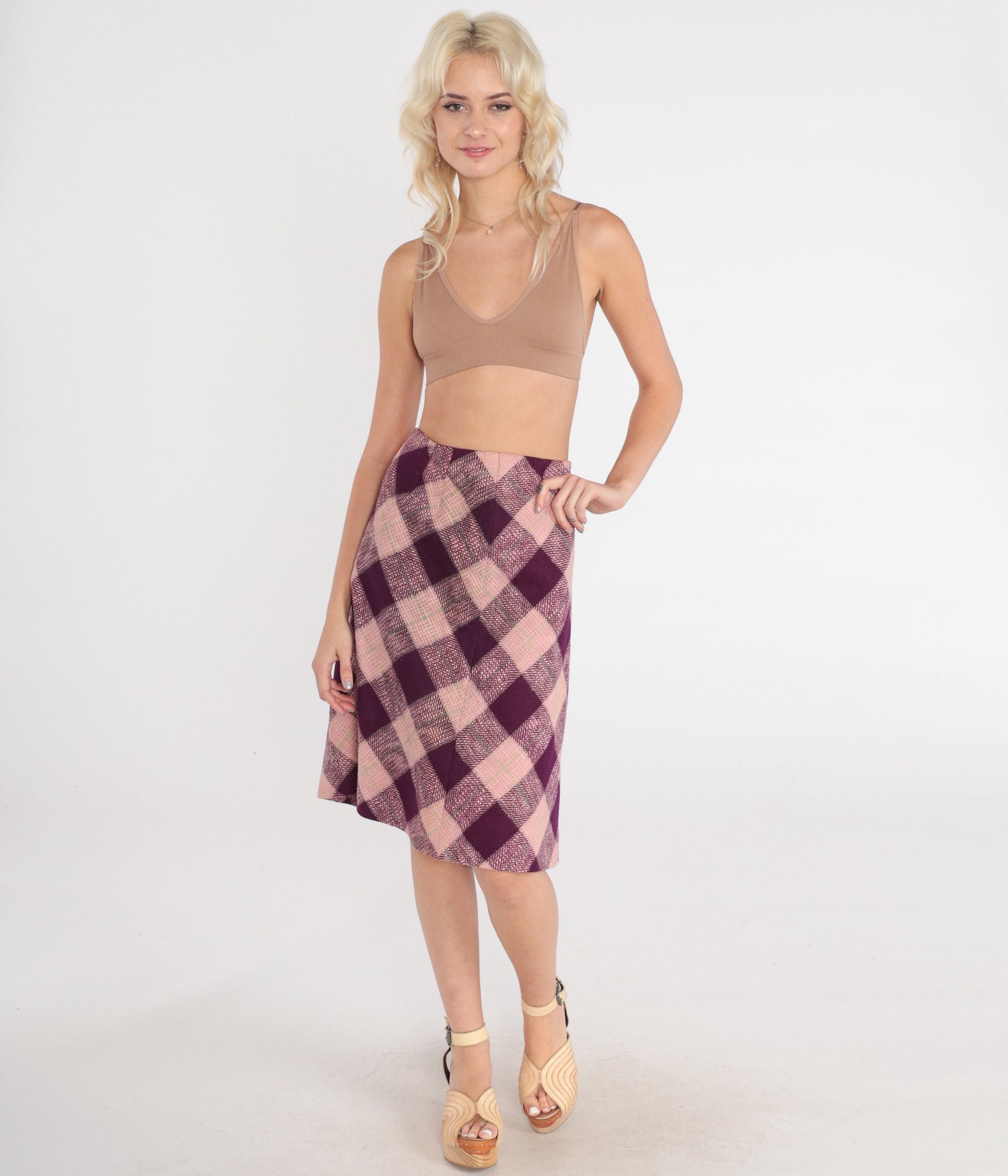 60s Pink Purple Checkered A-Line Skirt High Waist Knee Length Medium M