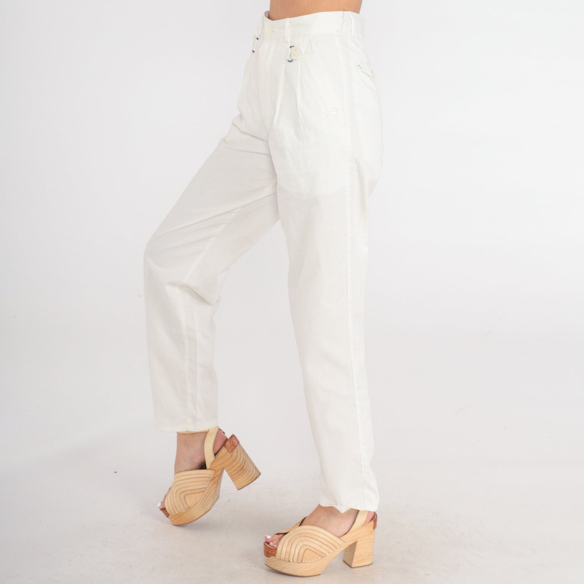 80s White Corduroy Pants High Waist Pleated Straight Leg Small