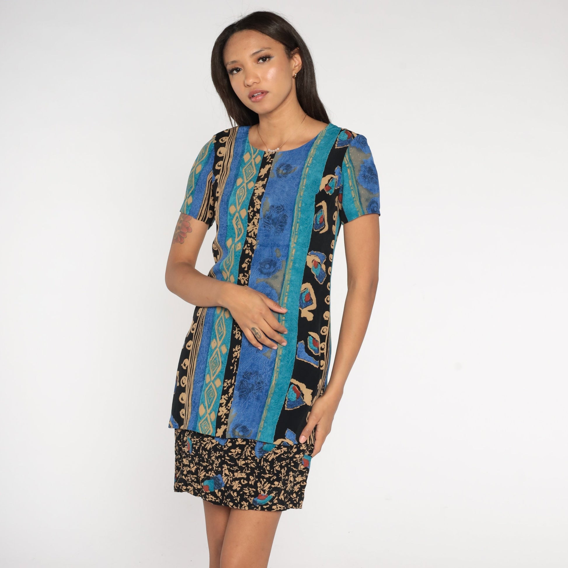 90s Geometric Striped Mini Dress Blue Black Shift Short Sleeve Extra Small