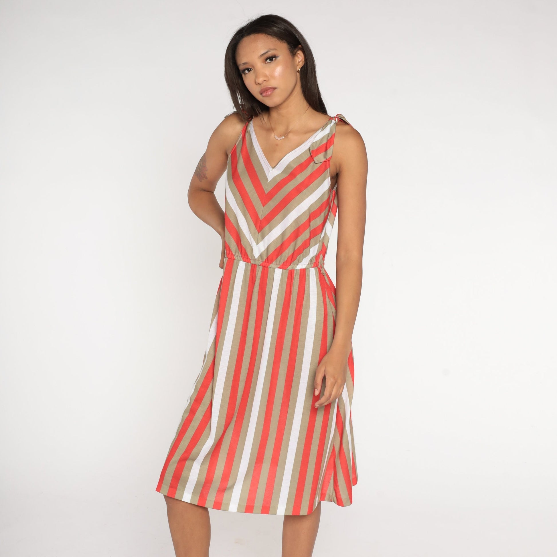 80s Striped Sundress Red Taupe White Sleeveless High Waist Tie Shoulder Small