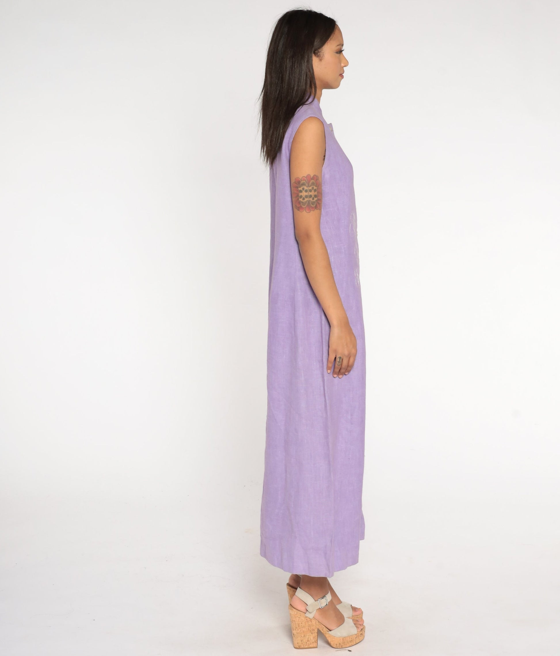 90s Harvey Benard Lavender Linen Maxi Dress Floral Embroidery Mandarin Collar Large