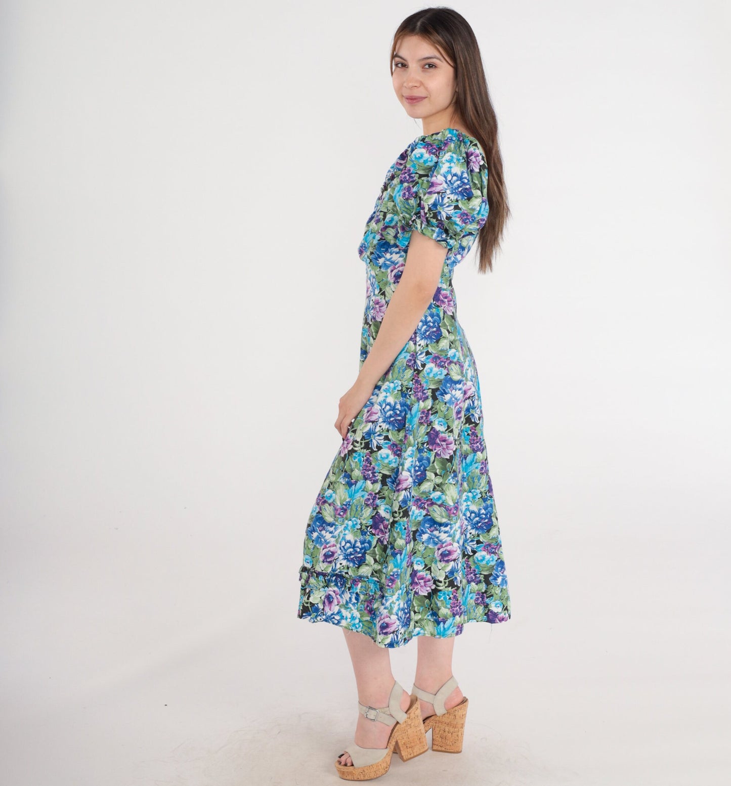 80s Floral Midi Dress Puff Sleeve Sweetheart Neckline Blue Purple Medium