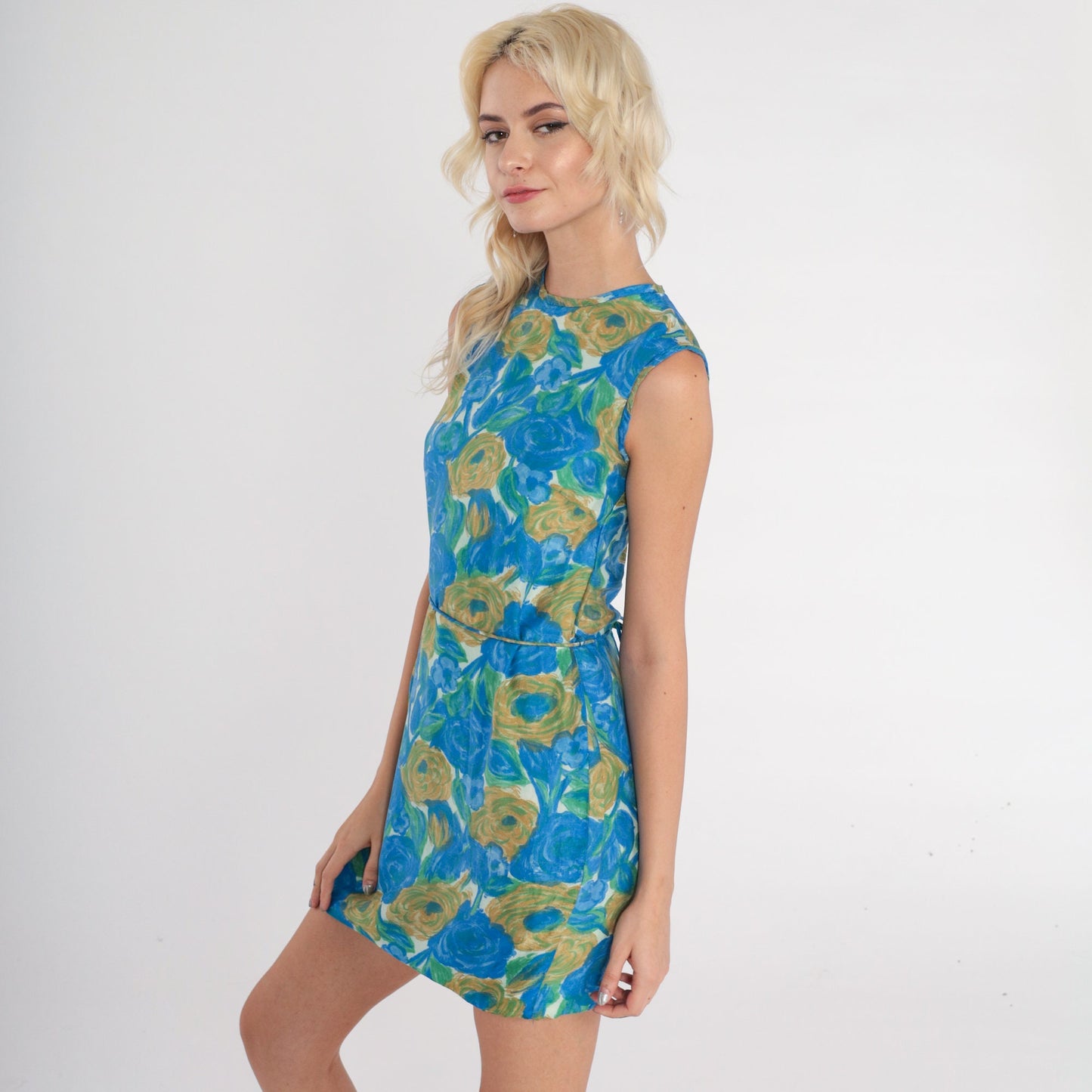 1970s Silk Floral Mini Dress Sleeveless Shift Belted Blue Green White XXS