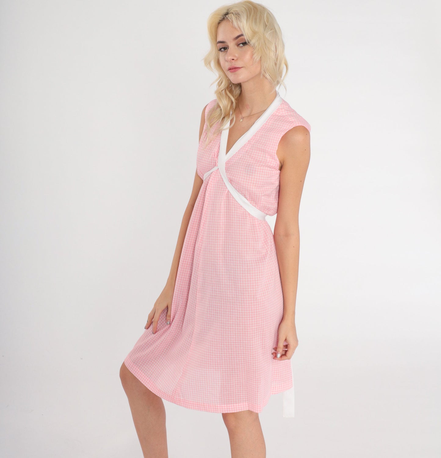 80s Pink Gingham Sundress Sleeveless Empire Waist Mini Cotton Medium Large