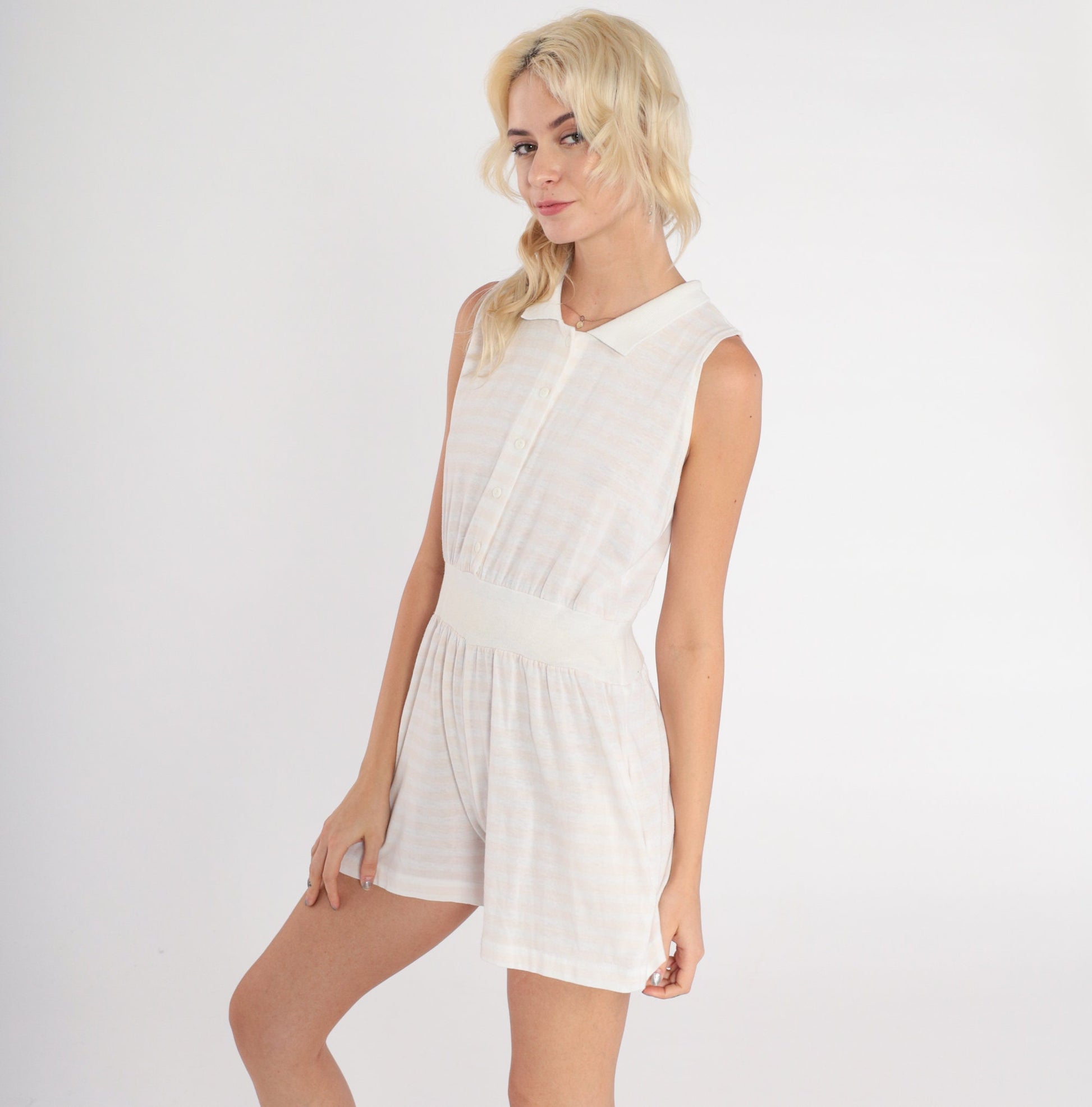 80s White Striped Peach Sleeveless Romper Button-Up High Waist Extra Small
