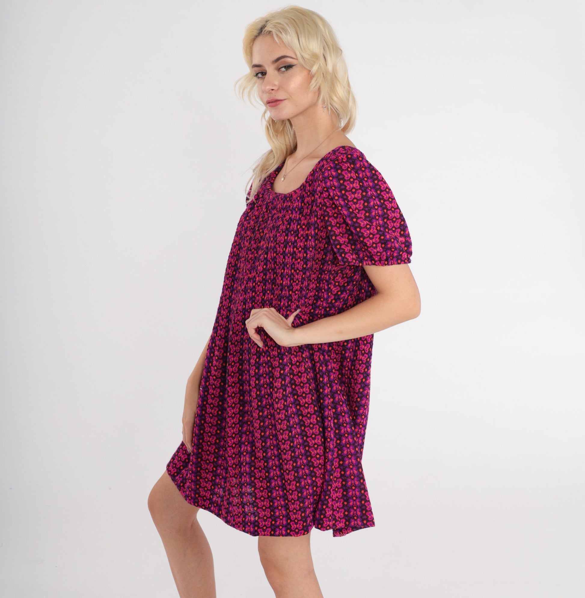 60s Butterfly Print Shift Dress Puff Sleeve Mini Pink Purple Orange Medium Large