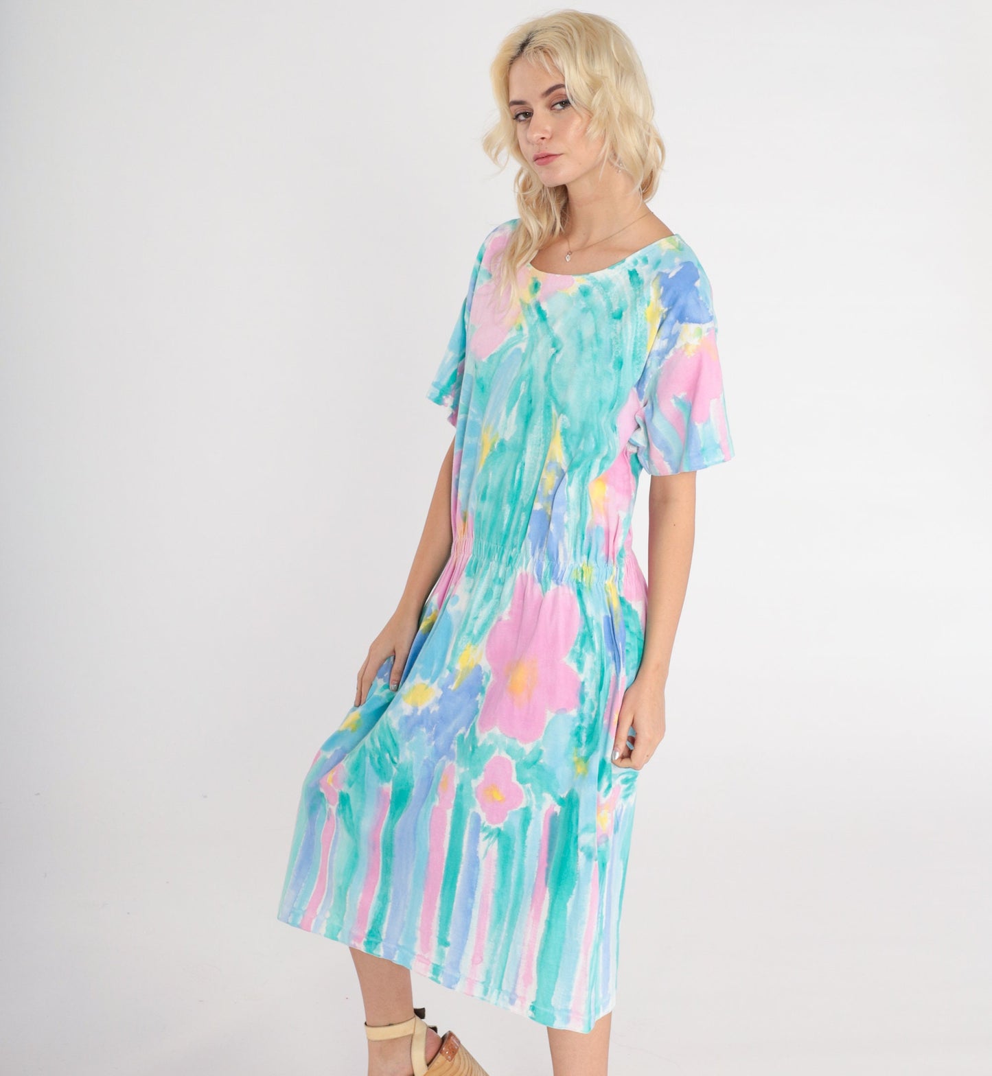 90s Watercolor Floral Midi Dress High Waist Short Sleeve Pink Green Large