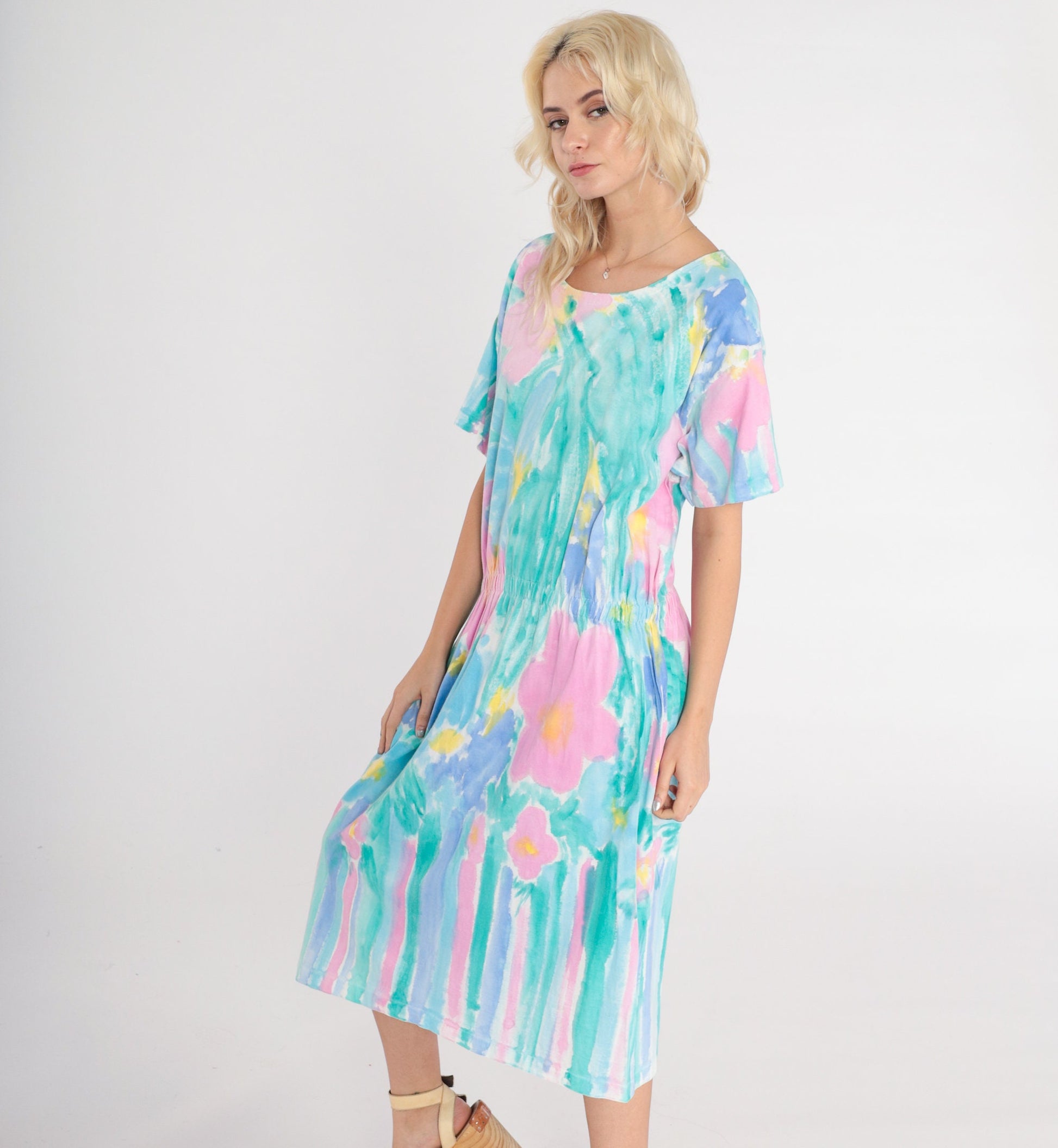 90s Watercolor Floral Midi Dress High Waist Short Sleeve Pink Green Large