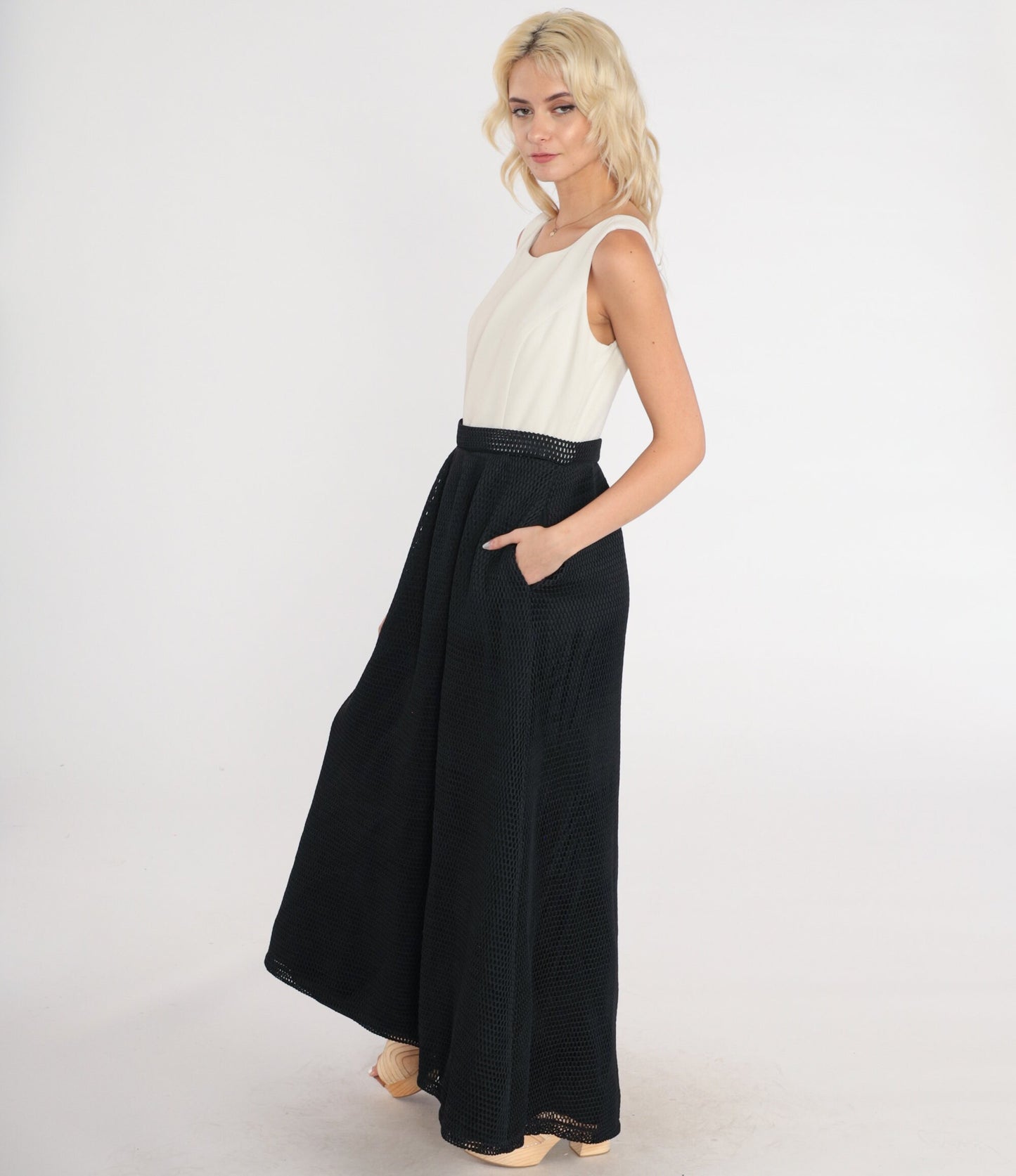 90s Black and White Maxi Dress Sleeveless Low Back High Waist Small