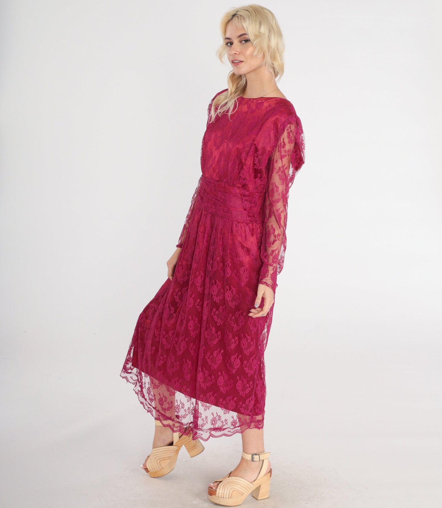 70s Raspberry Lace Midi Dress Puff Sleeve High Waist Low Back Medium