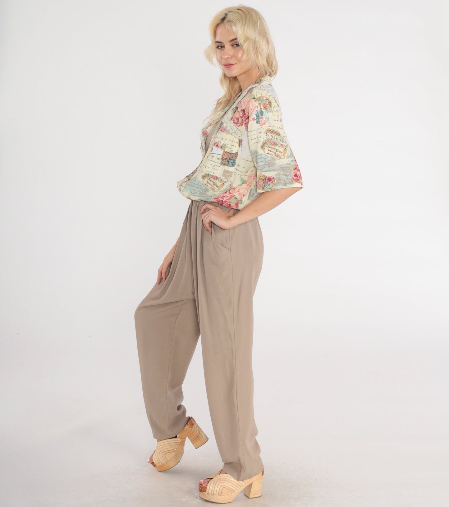 80s Jumpsuit Abstract Floral Rose Print High-Waisted Tapered Tan Medium Large
