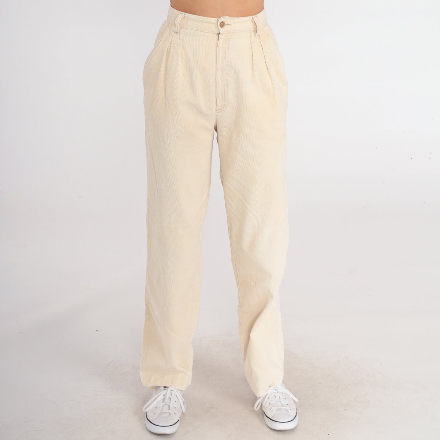 80s Present Co. Pleated Corduroy High-Waist Trousers Cream Straight Leg Extra Small