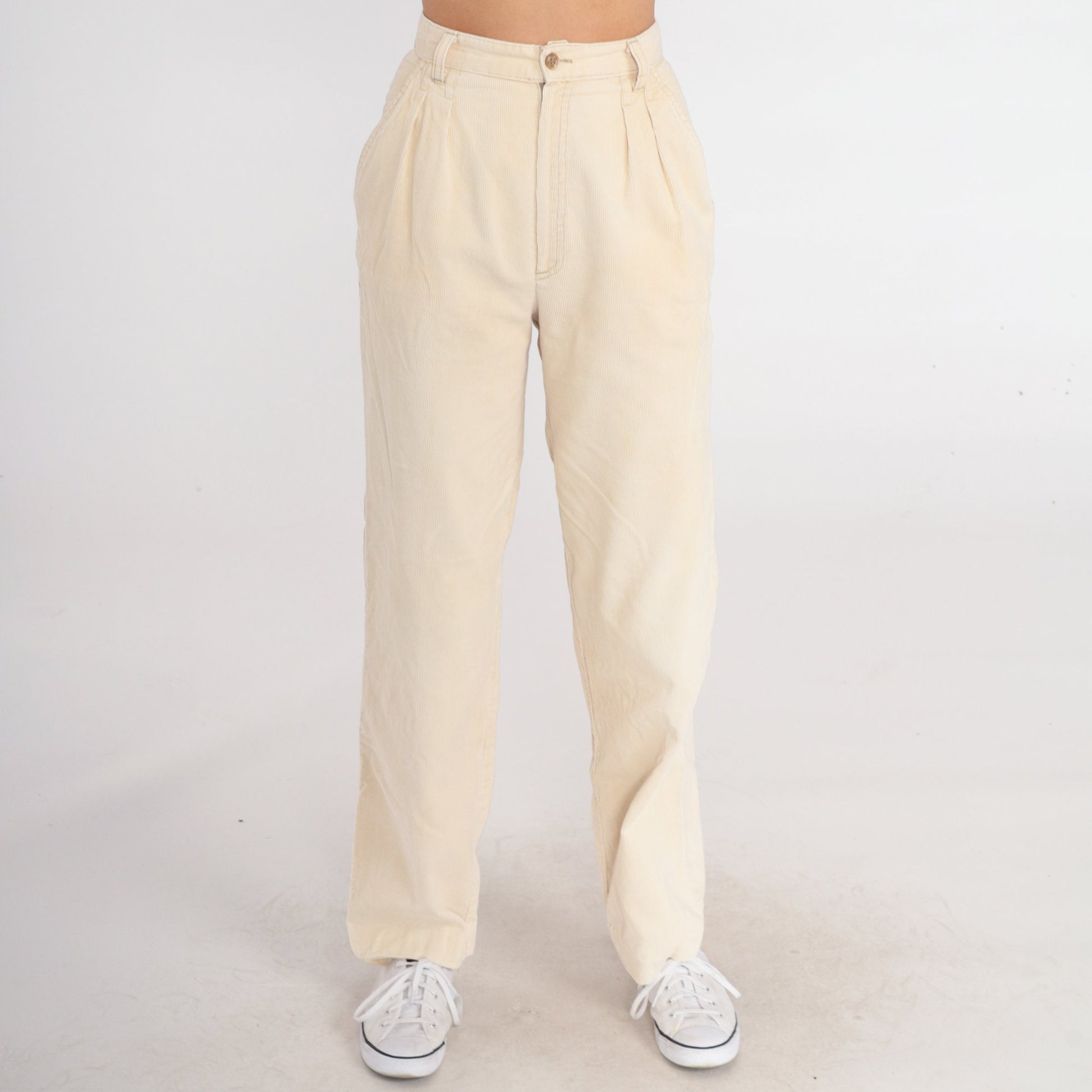 80s Present Co. Pleated Corduroy High-Waist Trousers Cream Straight Leg Extra Small