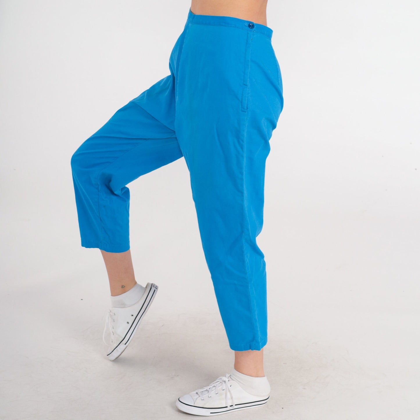 60s Bright Blue High-Waisted Cropped Trousers Side Zip Straight Leg Small