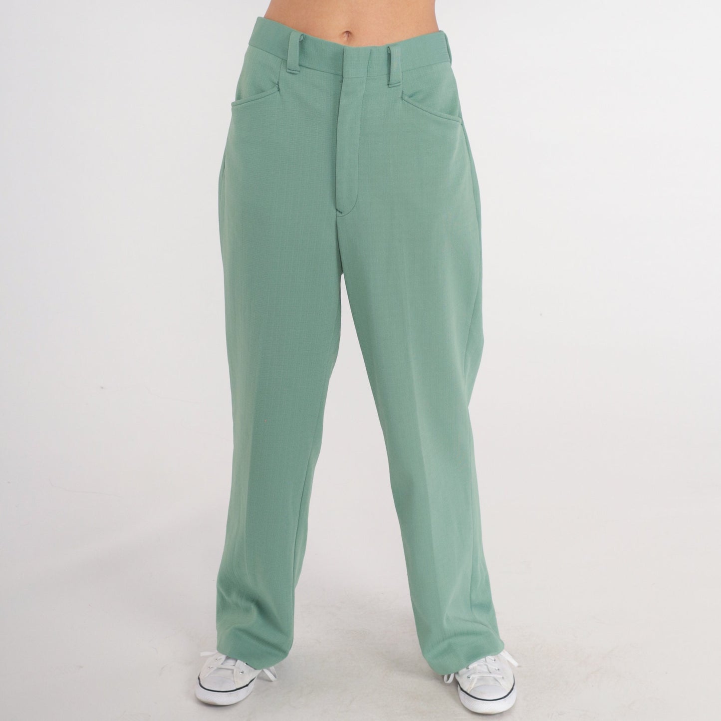 70s Green High-Waisted Straight Leg Trousers Pleated Crease Medium