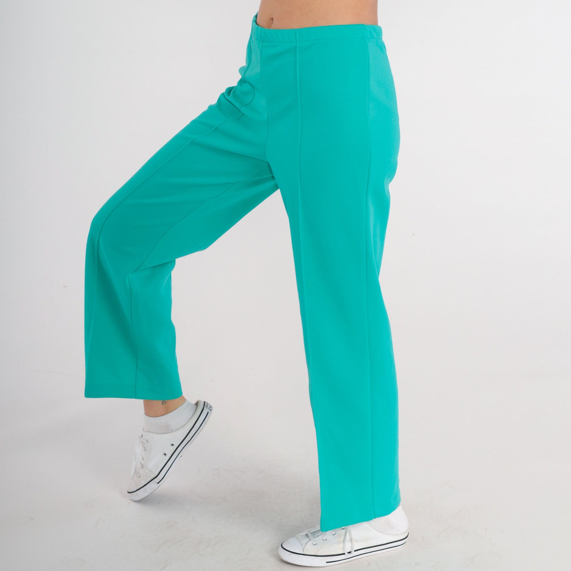 70s Turquoise High-Rise Straight Leg Trousers Elastic Waist Creased Medium