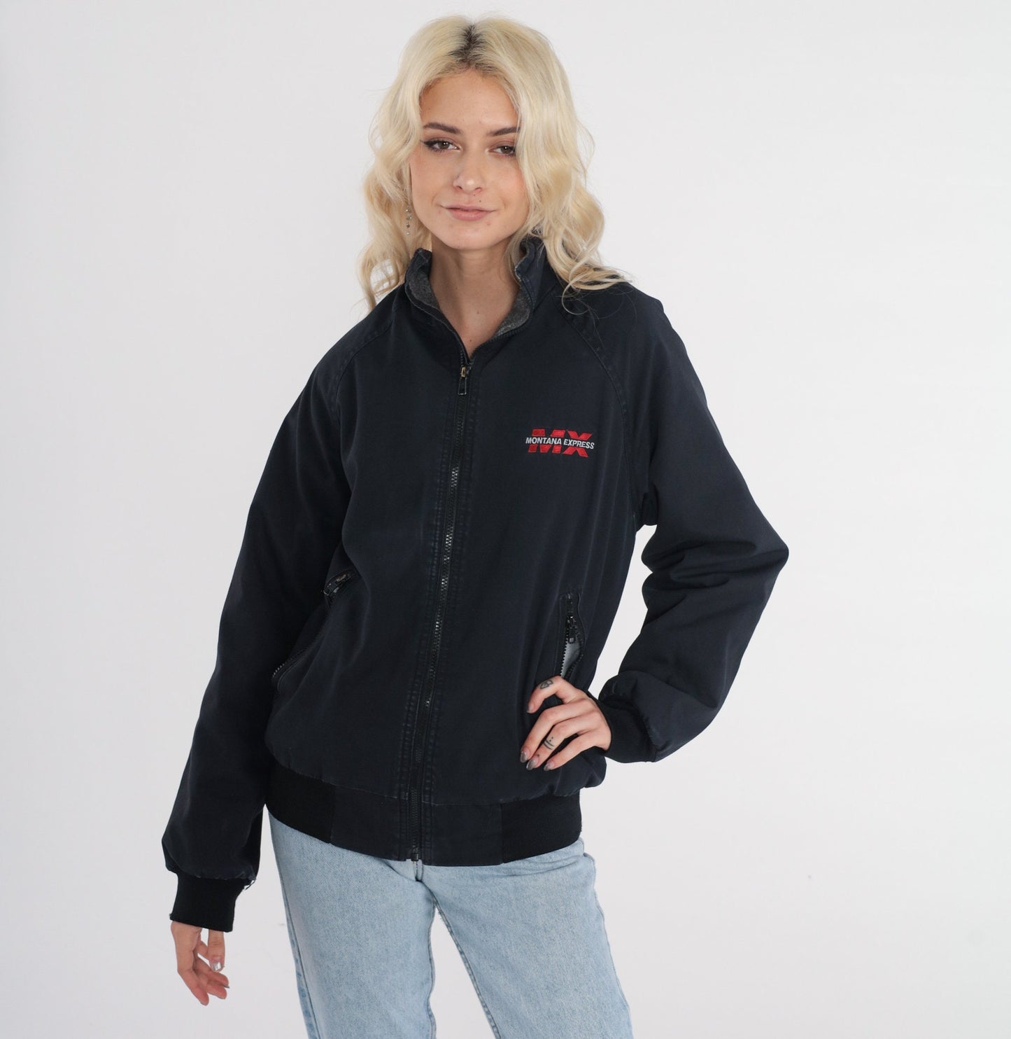 90s Montana Express Trucker Jacket Black Fleece Lined Windbreaker Small