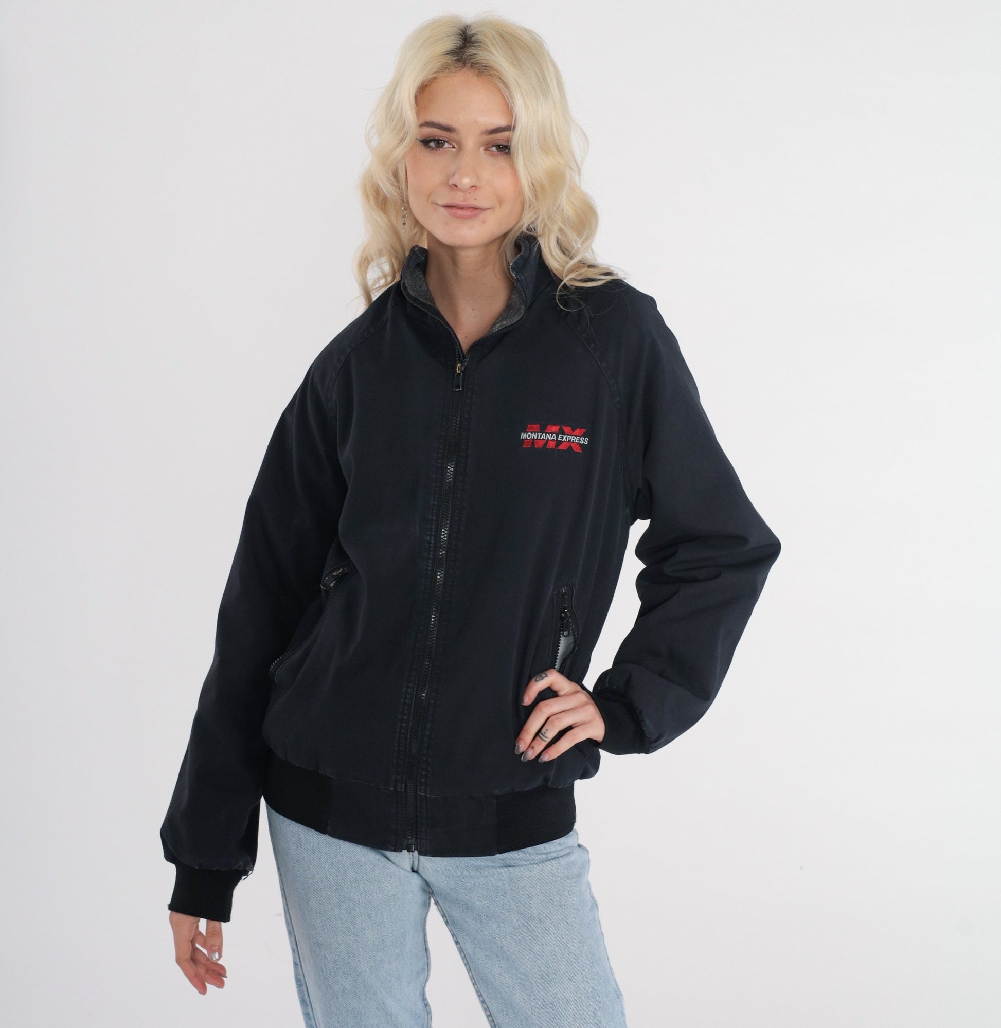 90s Montana Express Trucker Jacket Black Fleece Lined Windbreaker Small