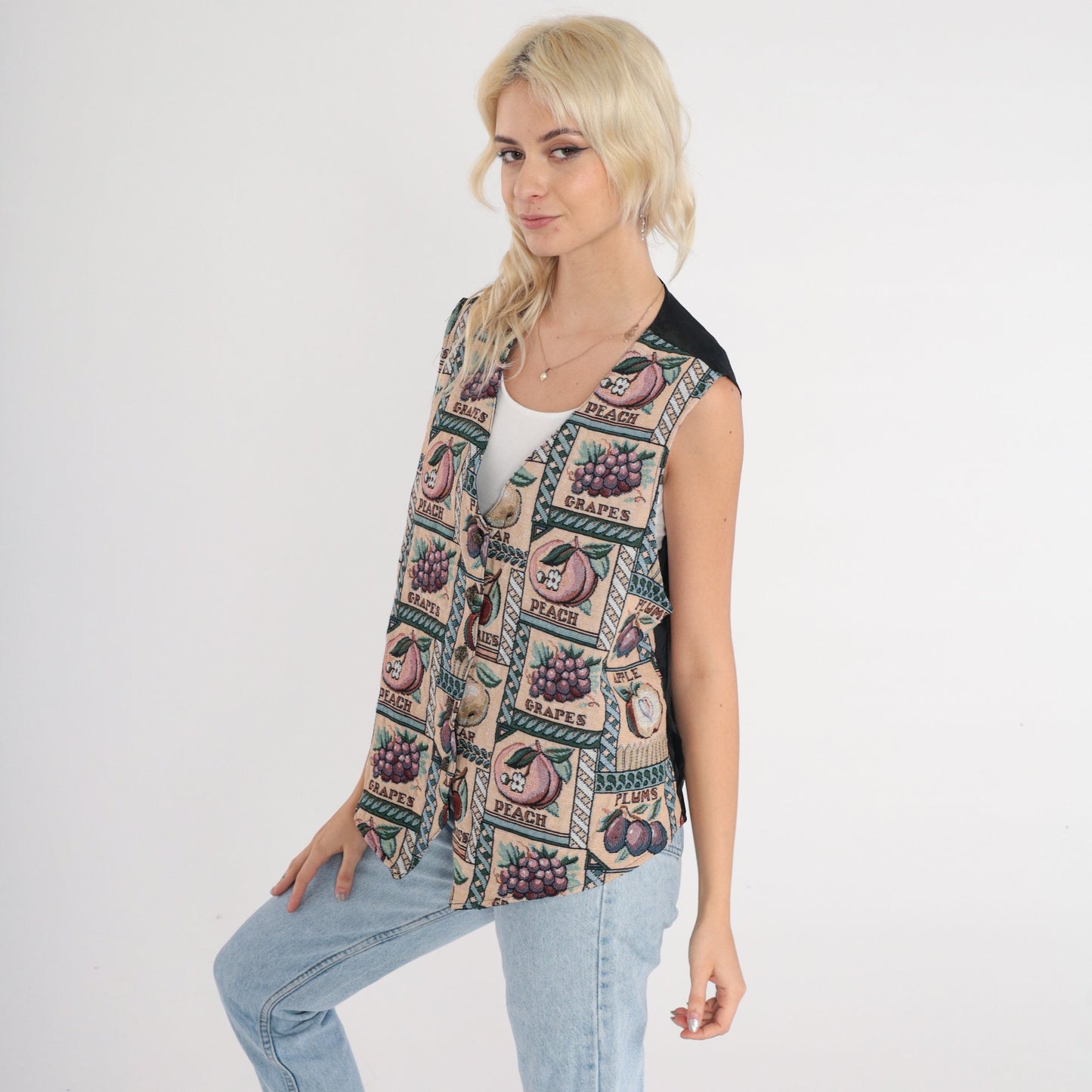90s Fruit Print Vest Peaches Grapes Woven Button-Up Sleeveless Large L
