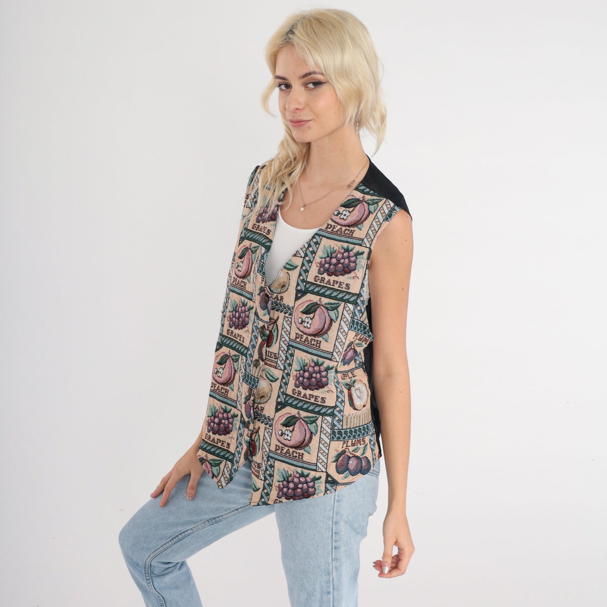 90s Fruit Print Vest Peaches Grapes Woven Button-Up Sleeveless Large L