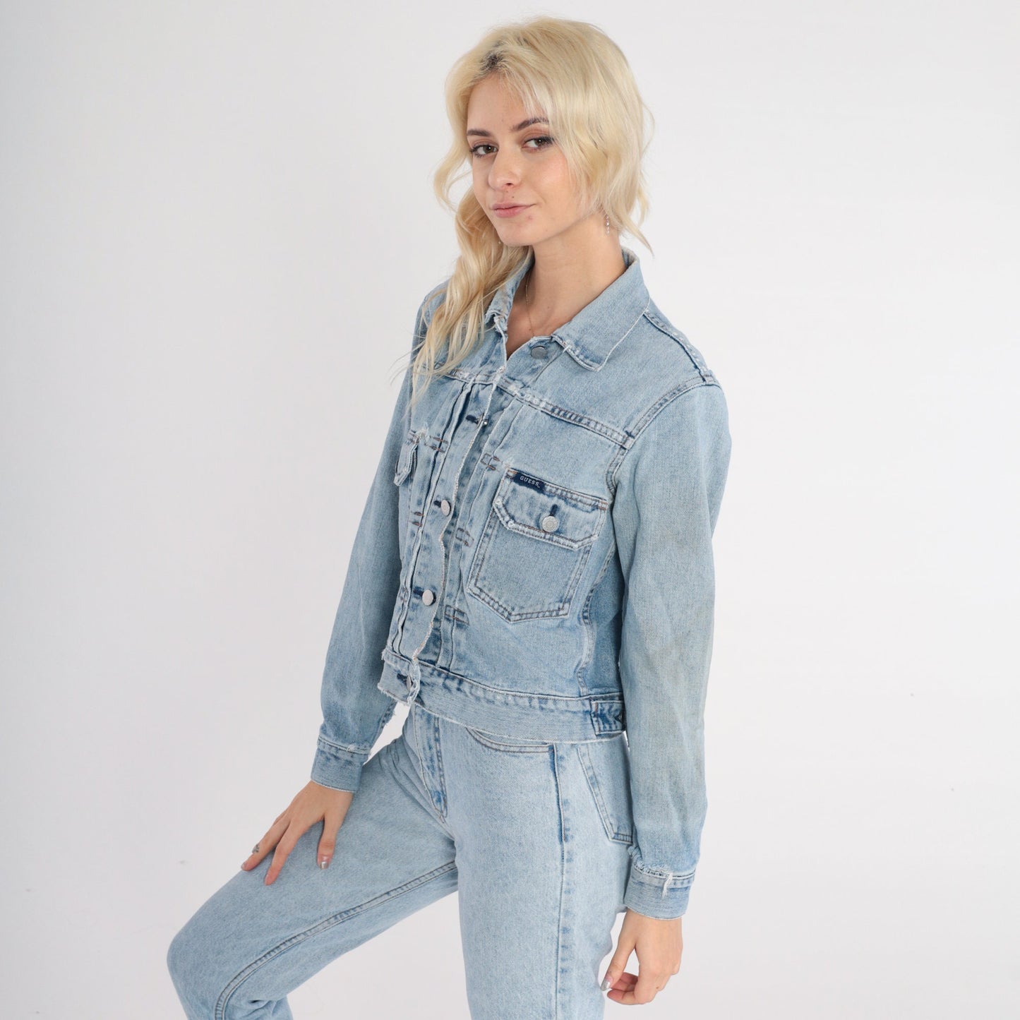 Guess Y2K Distressed Denim Jacket Cropped Blue Medium M