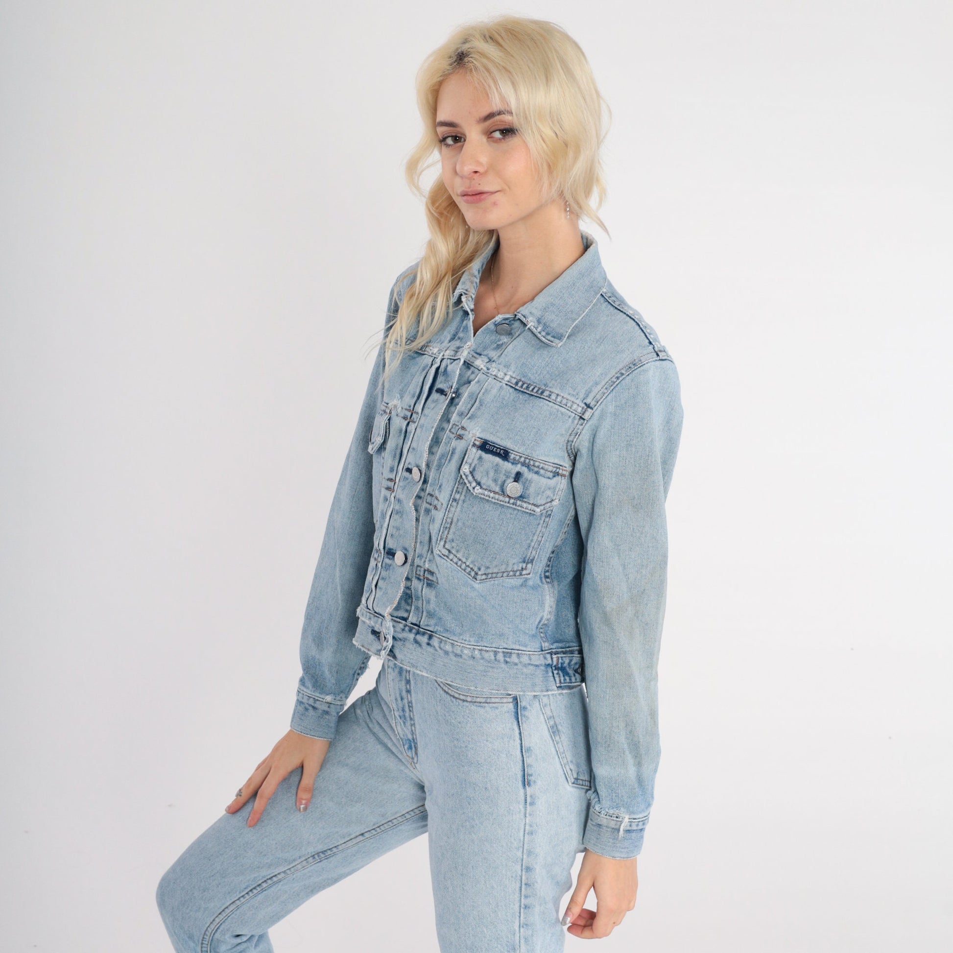 Guess Y2K Distressed Denim Jacket Cropped Blue Medium M