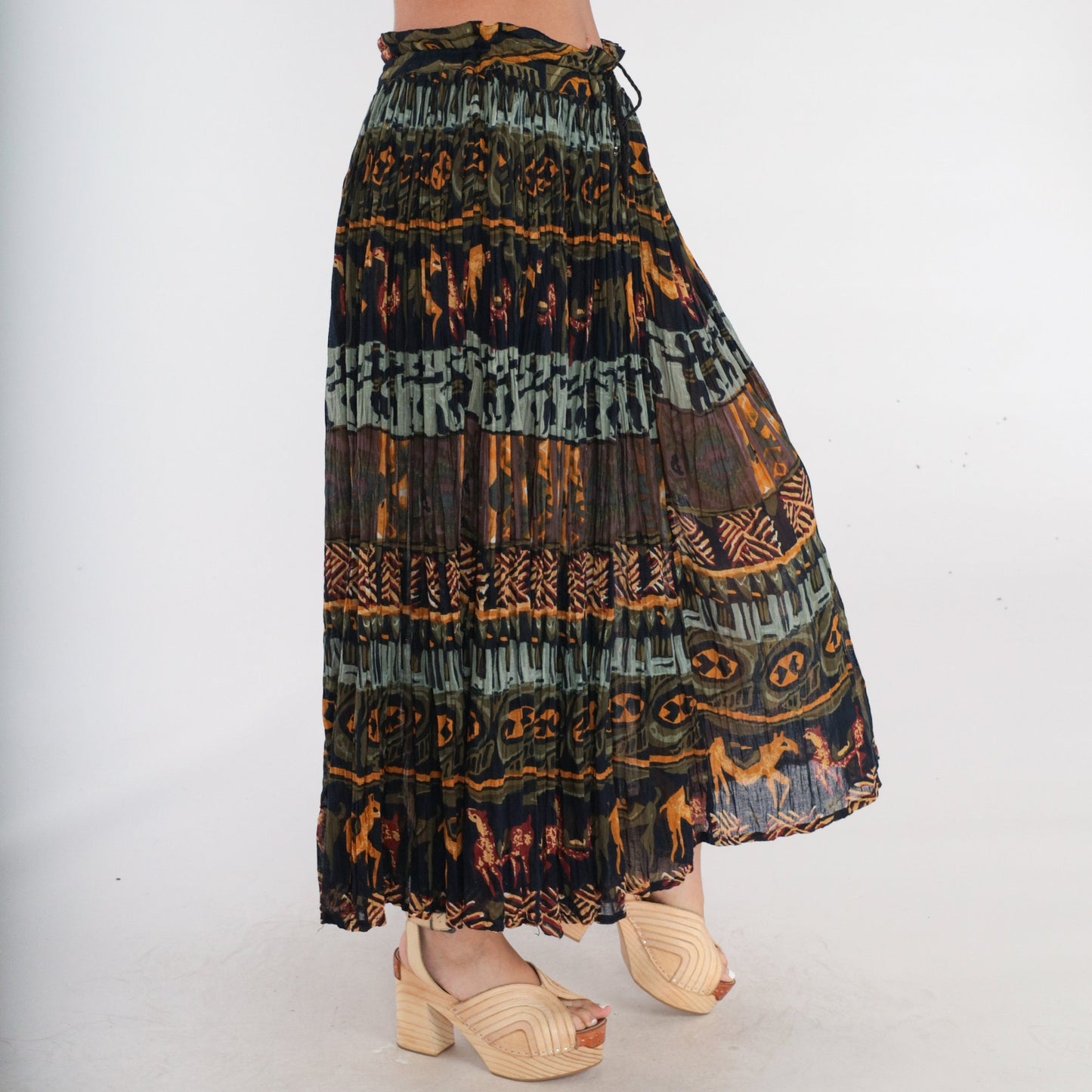 90s Geometric Horse Print Broomstick Skirt Olive Green Drawstring Medium Large