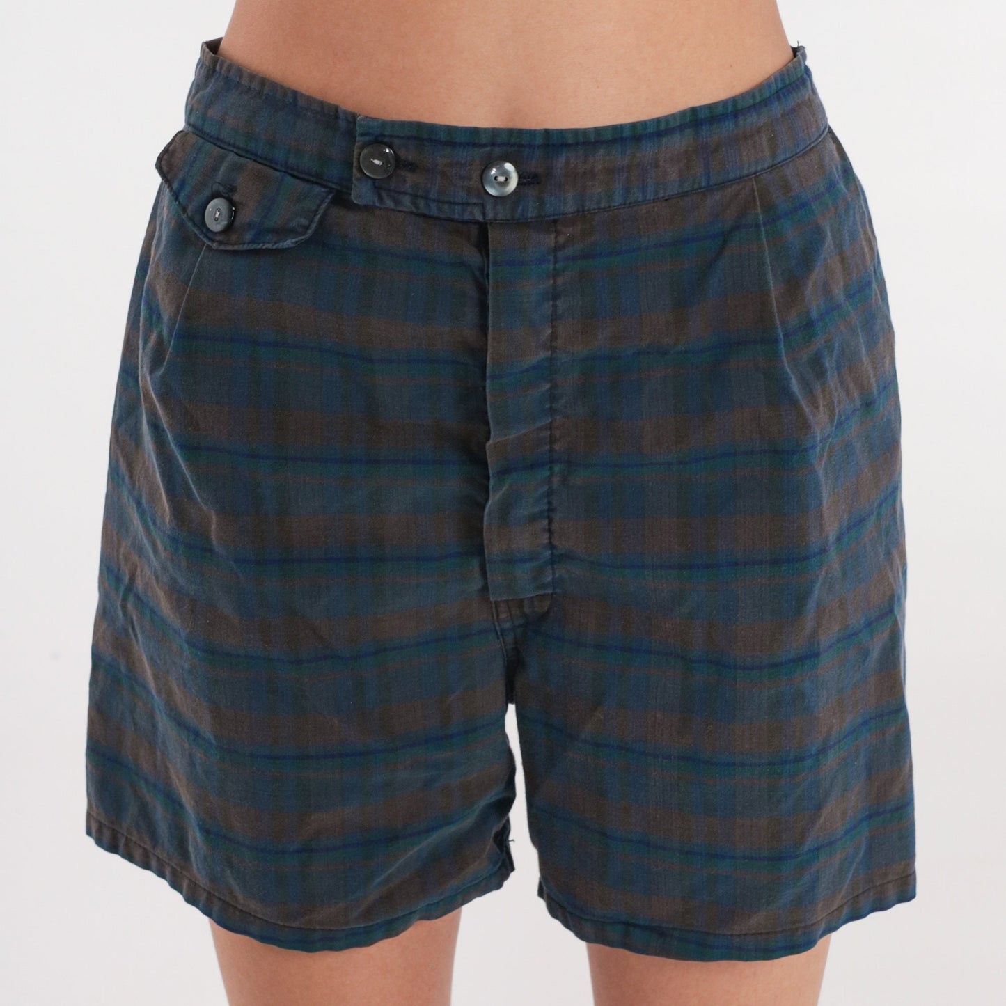 70s Plaid Swim Shorts Dark Blue Brown Checkered Elastic Waist Small