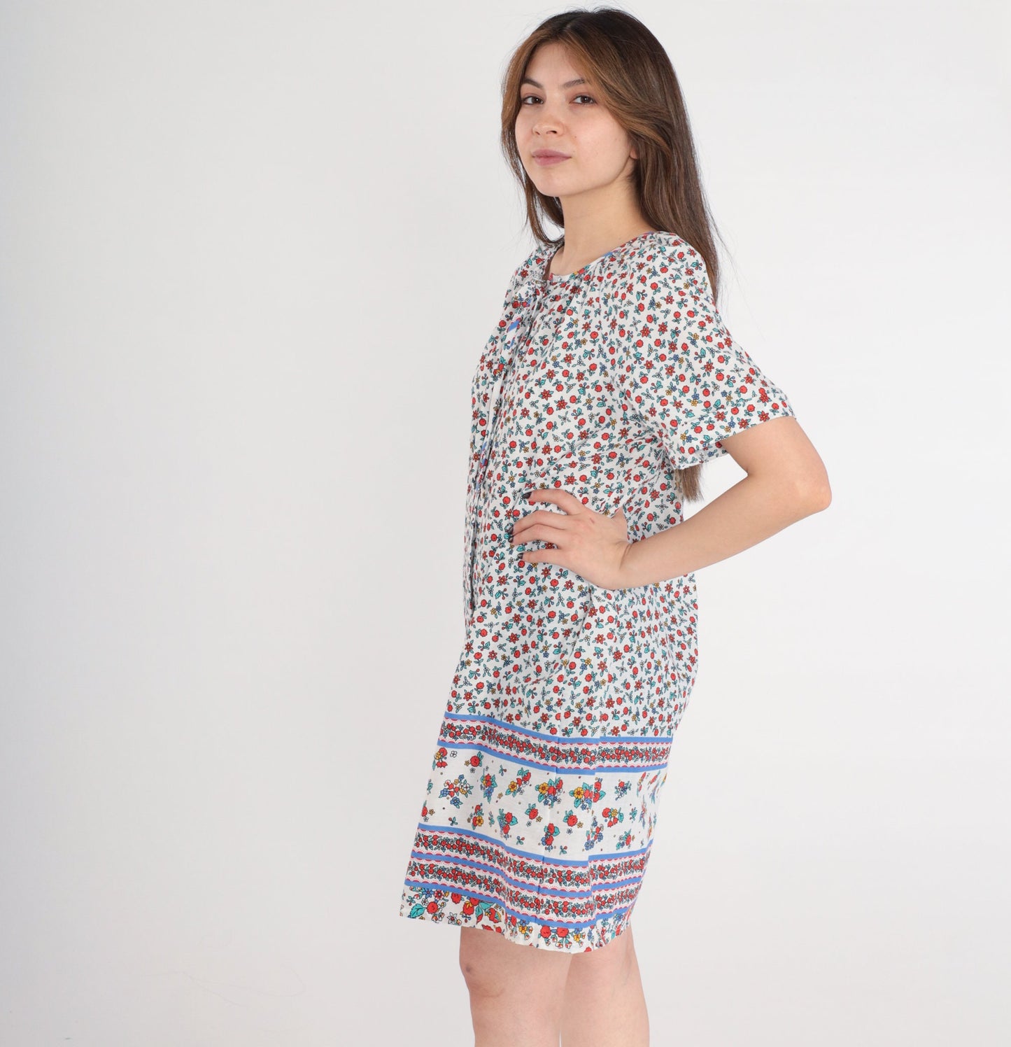 80s Leisure Life Floral Mini Nightgown Pearl Snap White Small