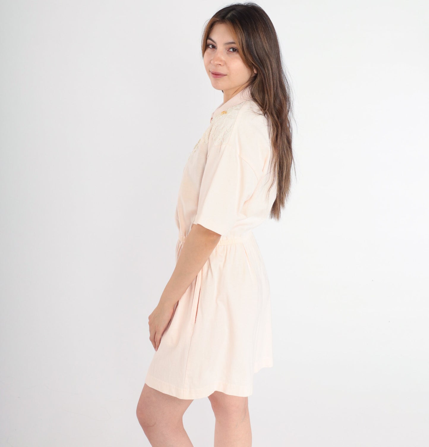 80s Derek Michael Baby Pink Cotton Romper Sequin Lace Yoke Small