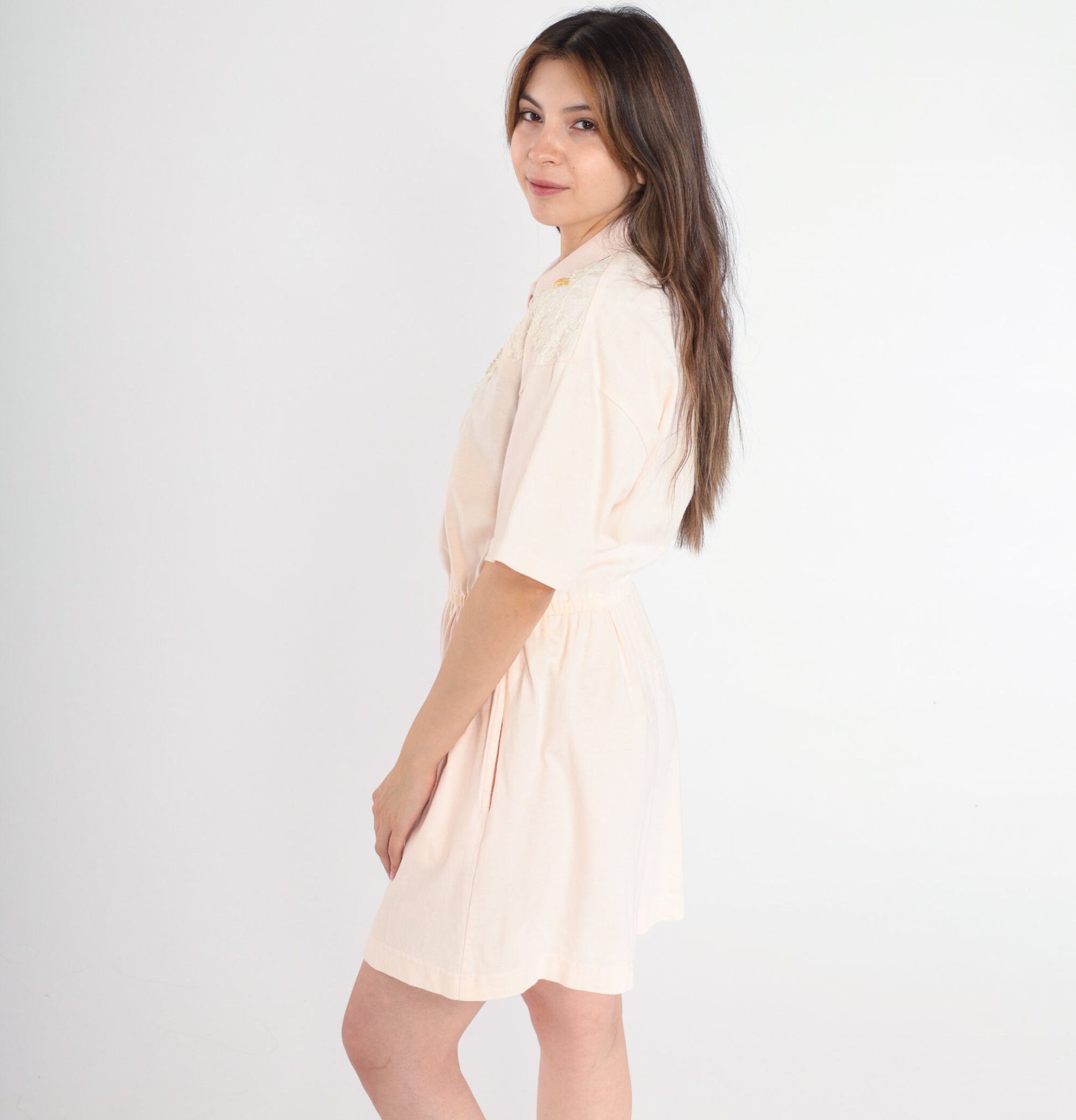 80s Derek Michael Baby Pink Cotton Romper Sequin Lace Yoke Small
